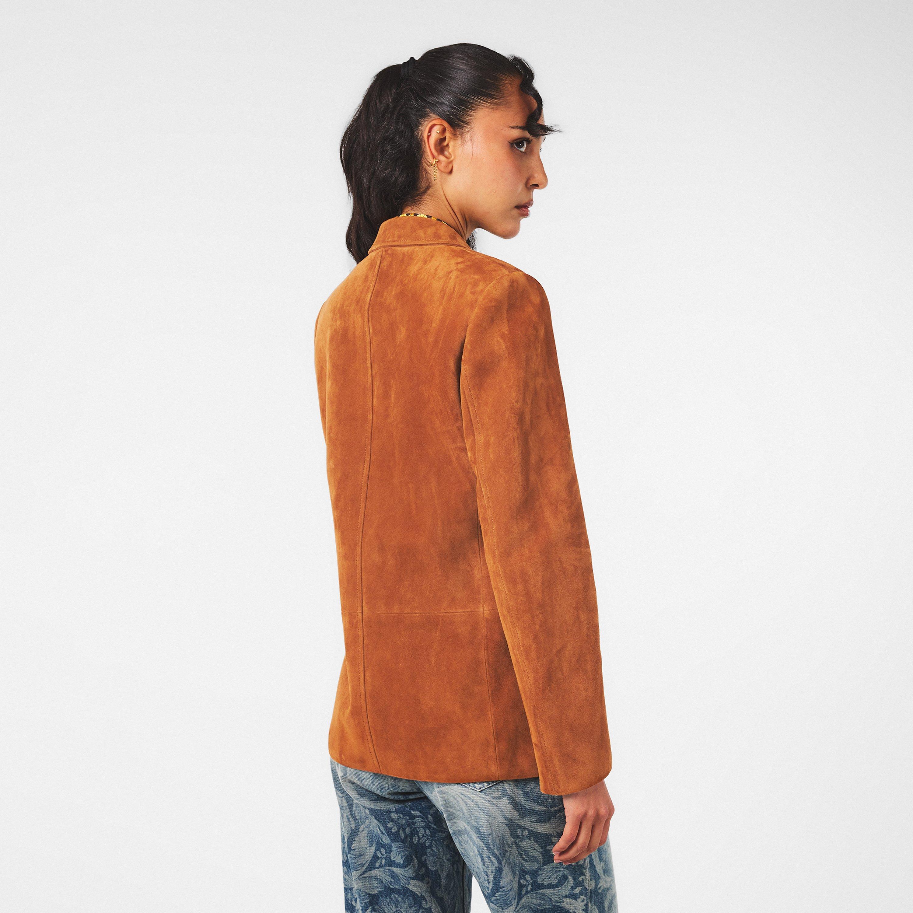 Spice Brown - Versace - Women's  Suede Lapel Long Sleeve Button-Up Leather Jacket - 4