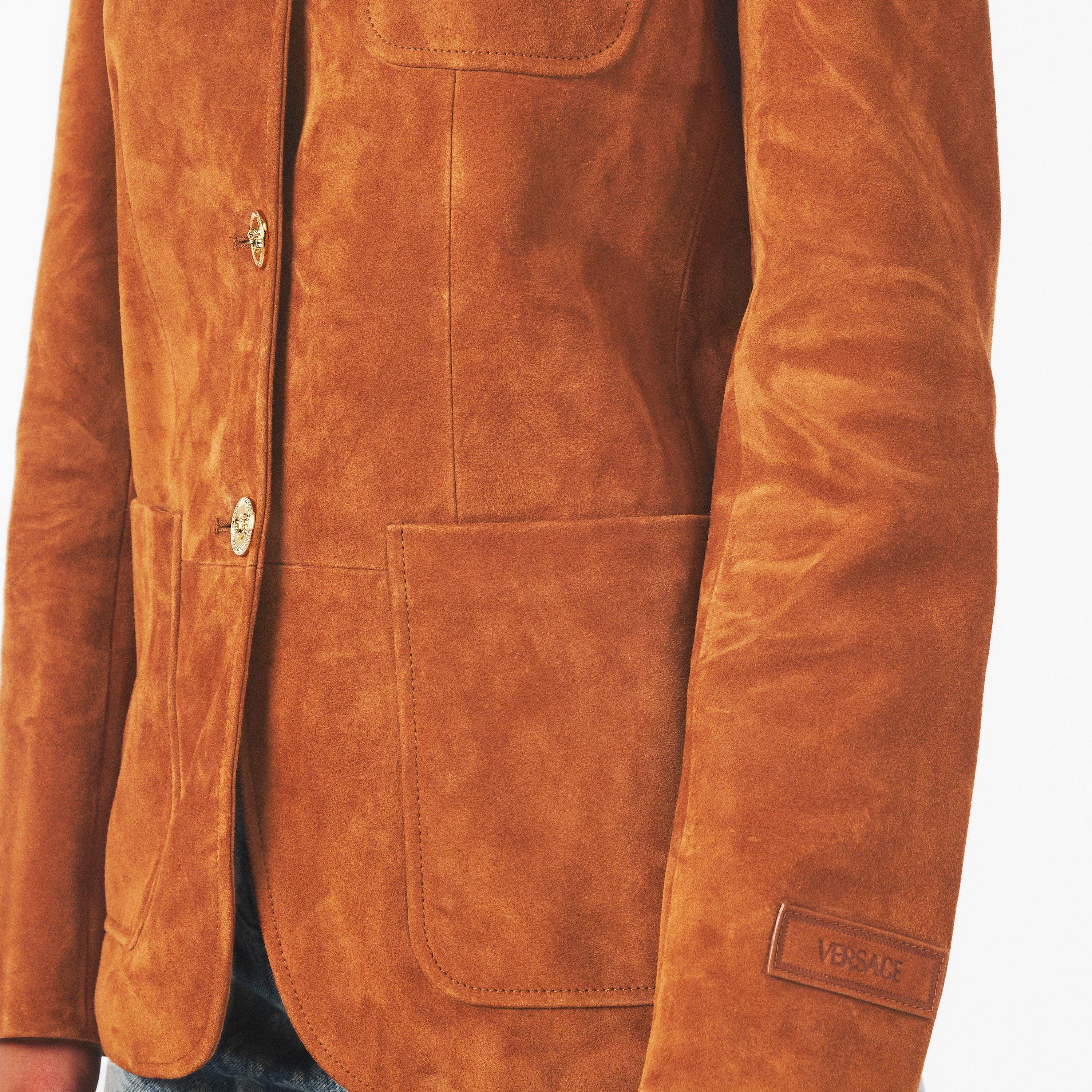 Spice Brown - Versace - Women's  Suede Lapel Long Sleeve Button-Up Leather Jacket - 5