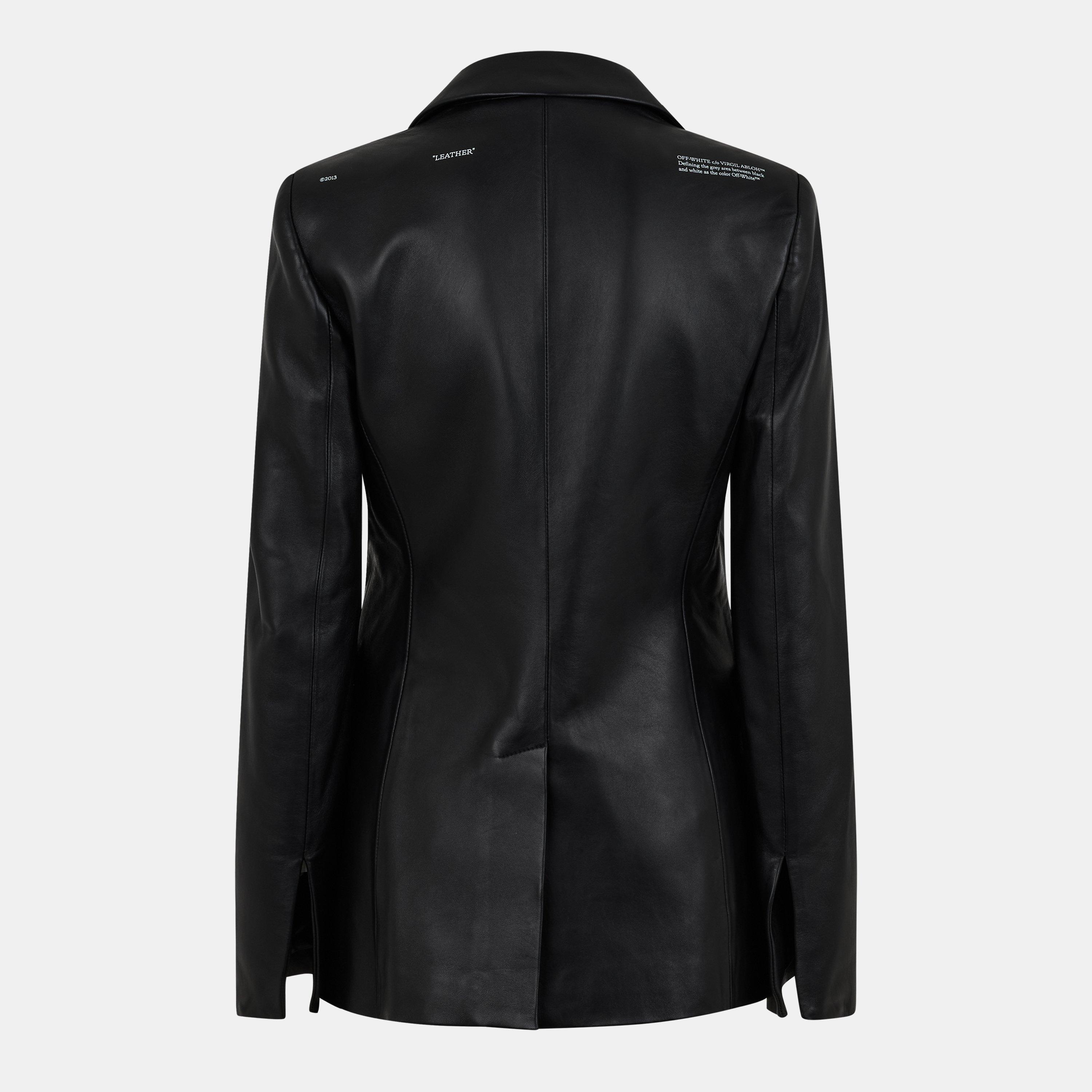 Black/White - Off White - Women's Lapel Blazer Structured Leather Jacket - 2
