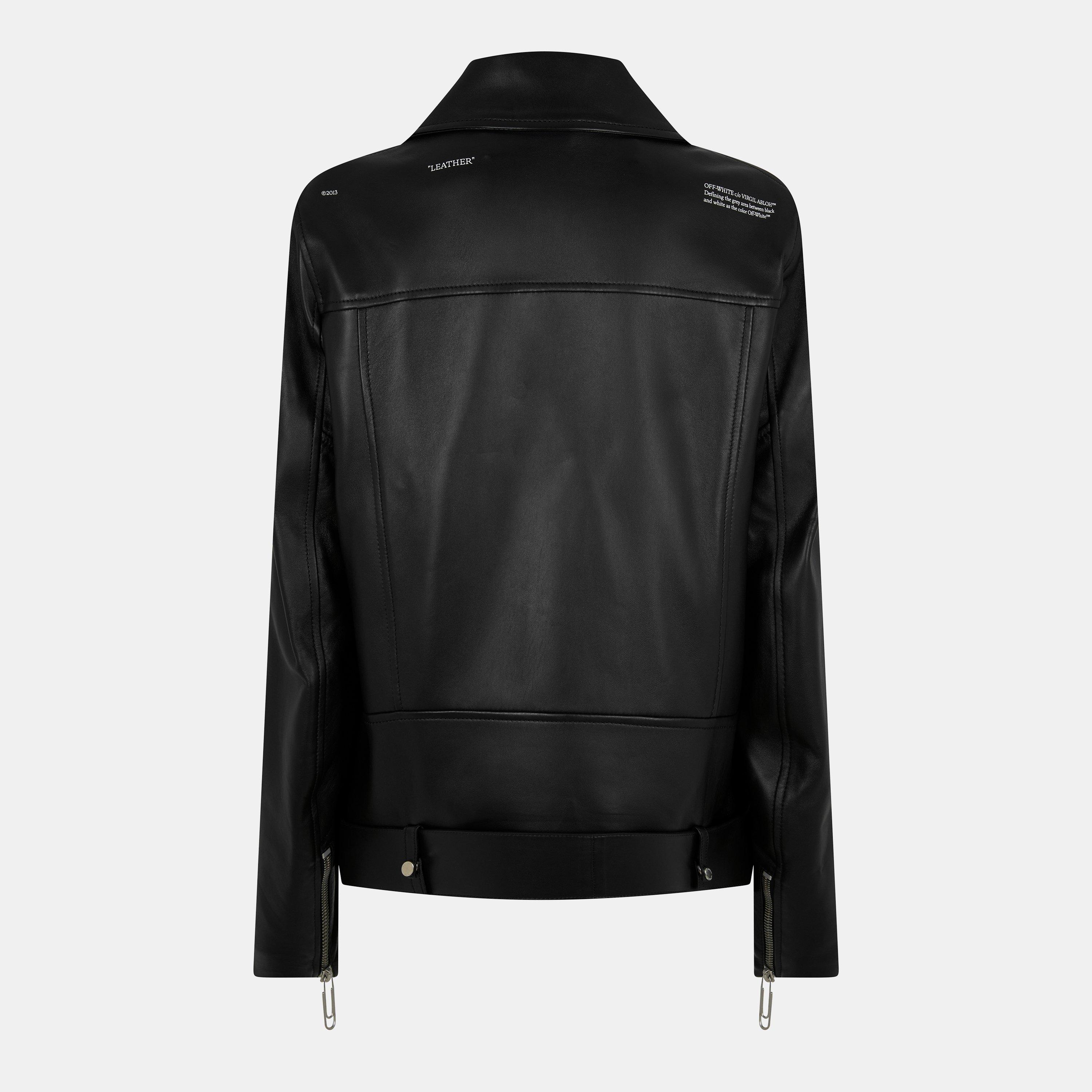 Black/White - Off White - Women's Oversized Leather Biker Jacket - 2