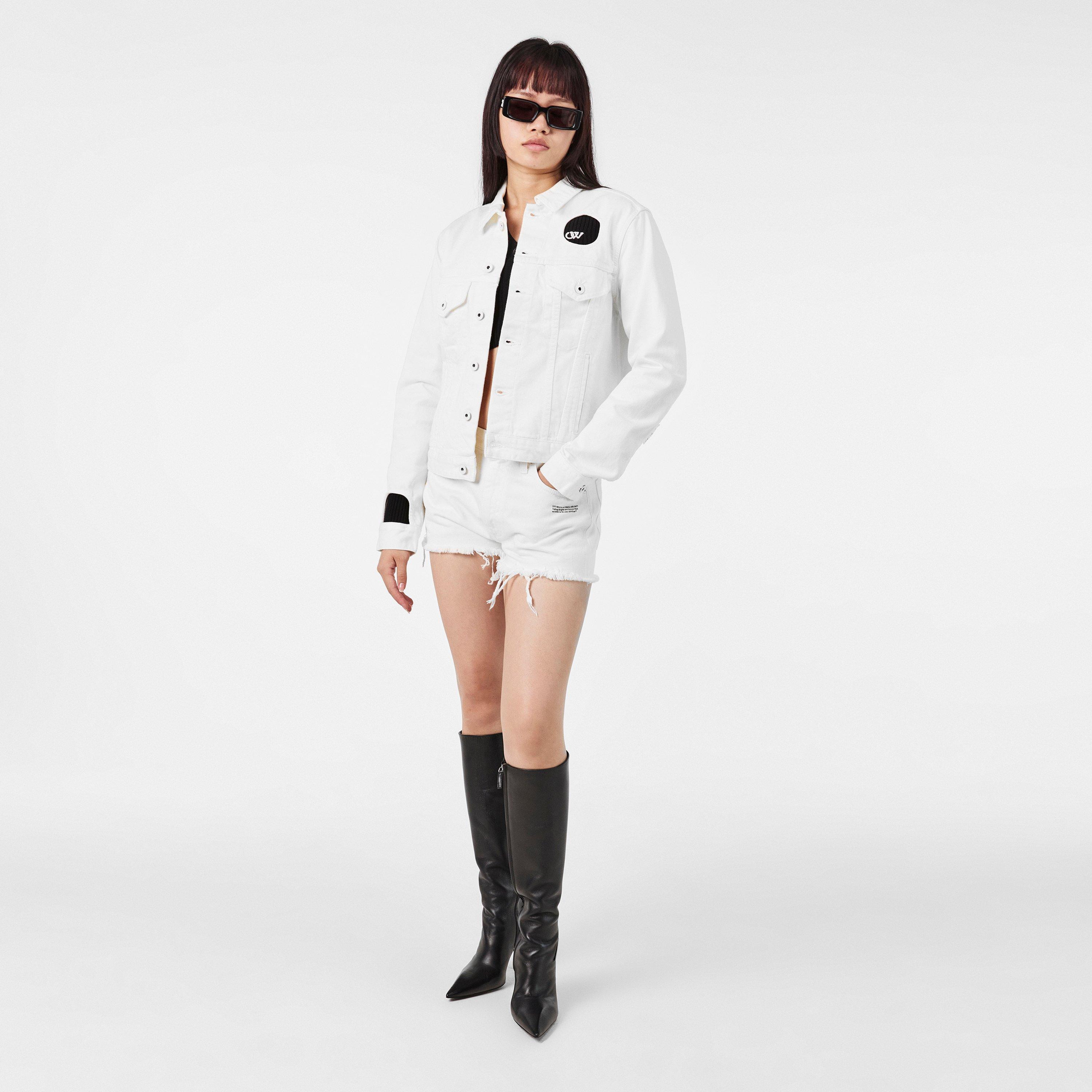 White - Off White - Women's Metal Button Dual Front Pocket Relaxed Fit Denim Jacket - 6