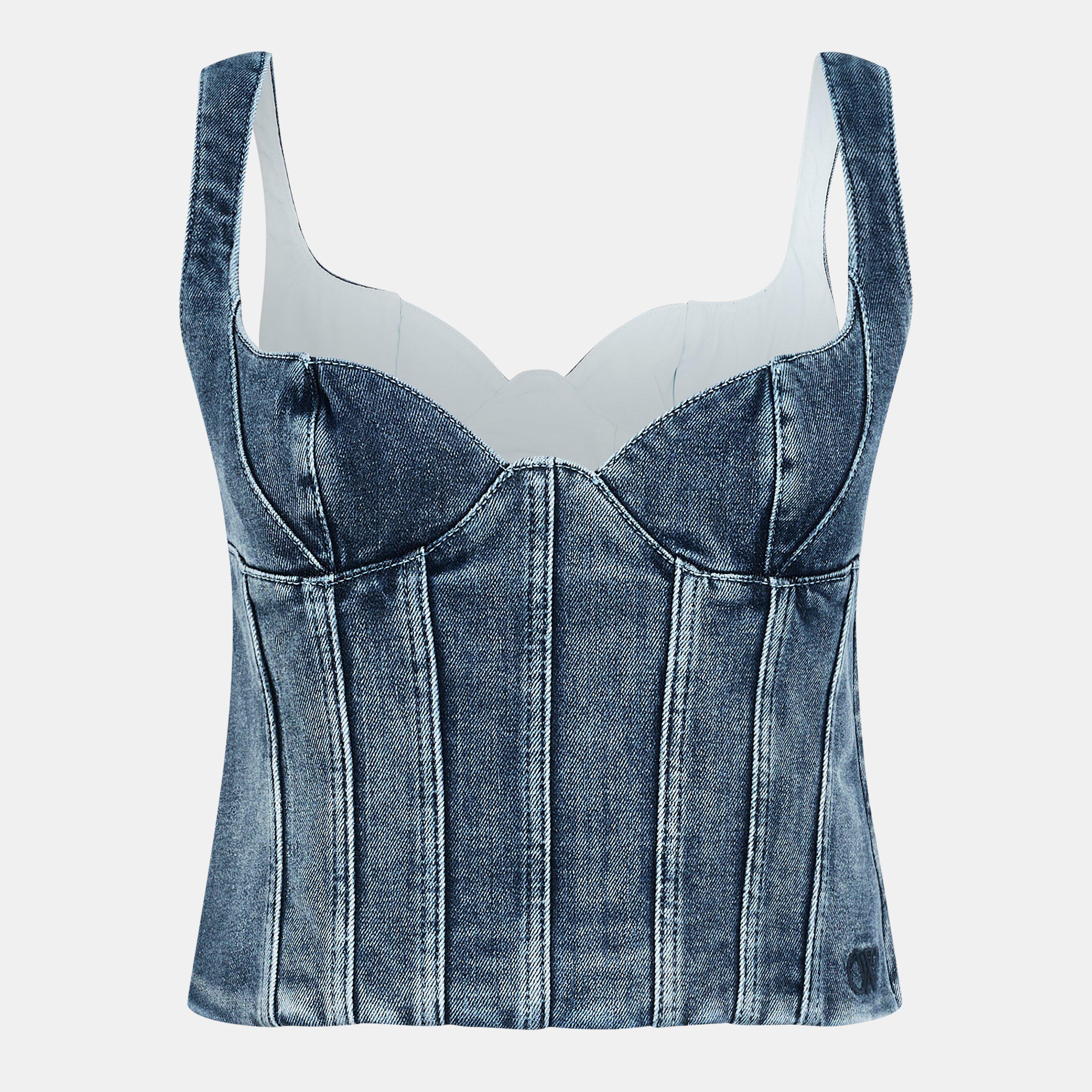 Blue - Off White - Women's Ribbed Knitted Top - 1