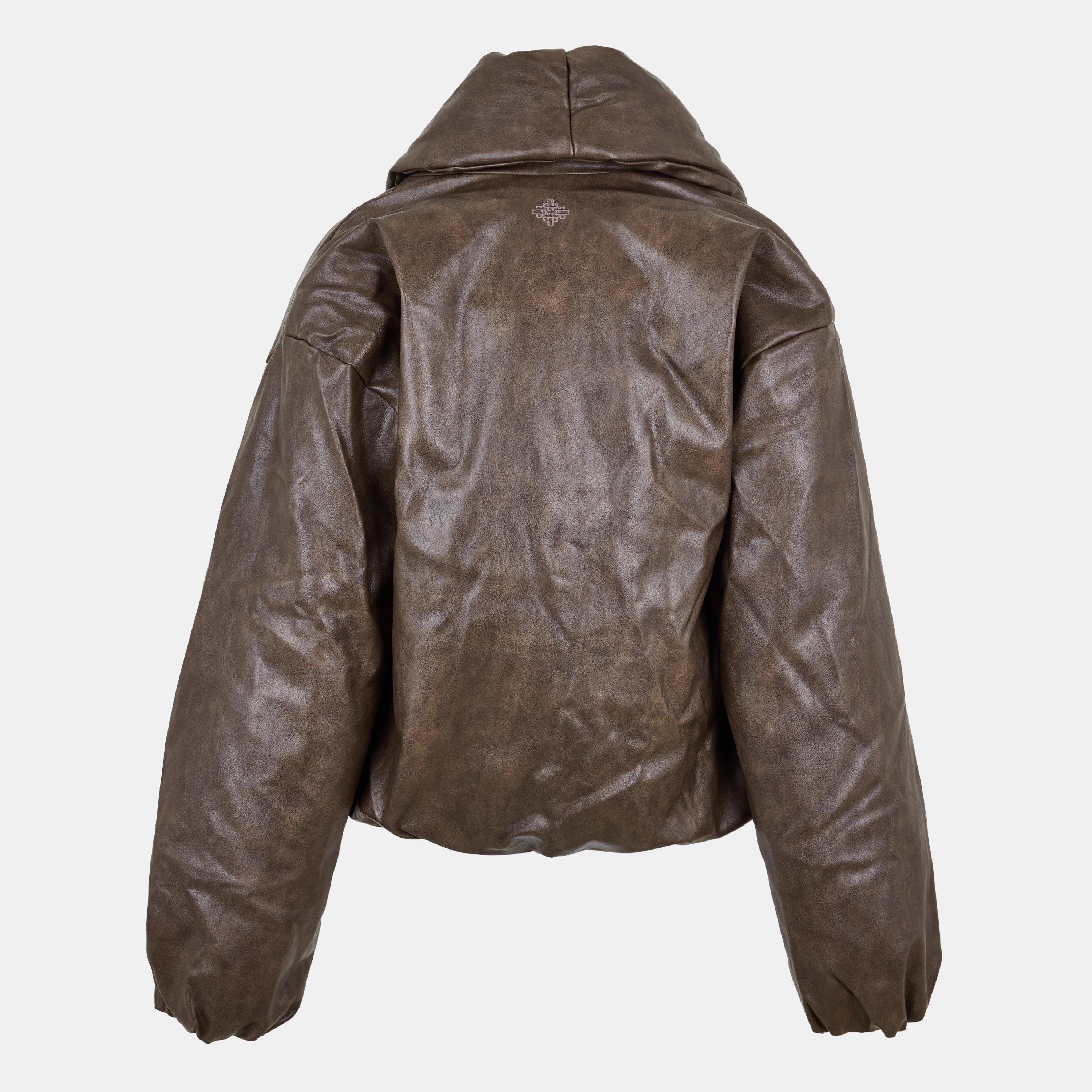 Brown - The Couture Club - Women's Oversized Faux Leather Long Sleeve Bomber Jacket - 2