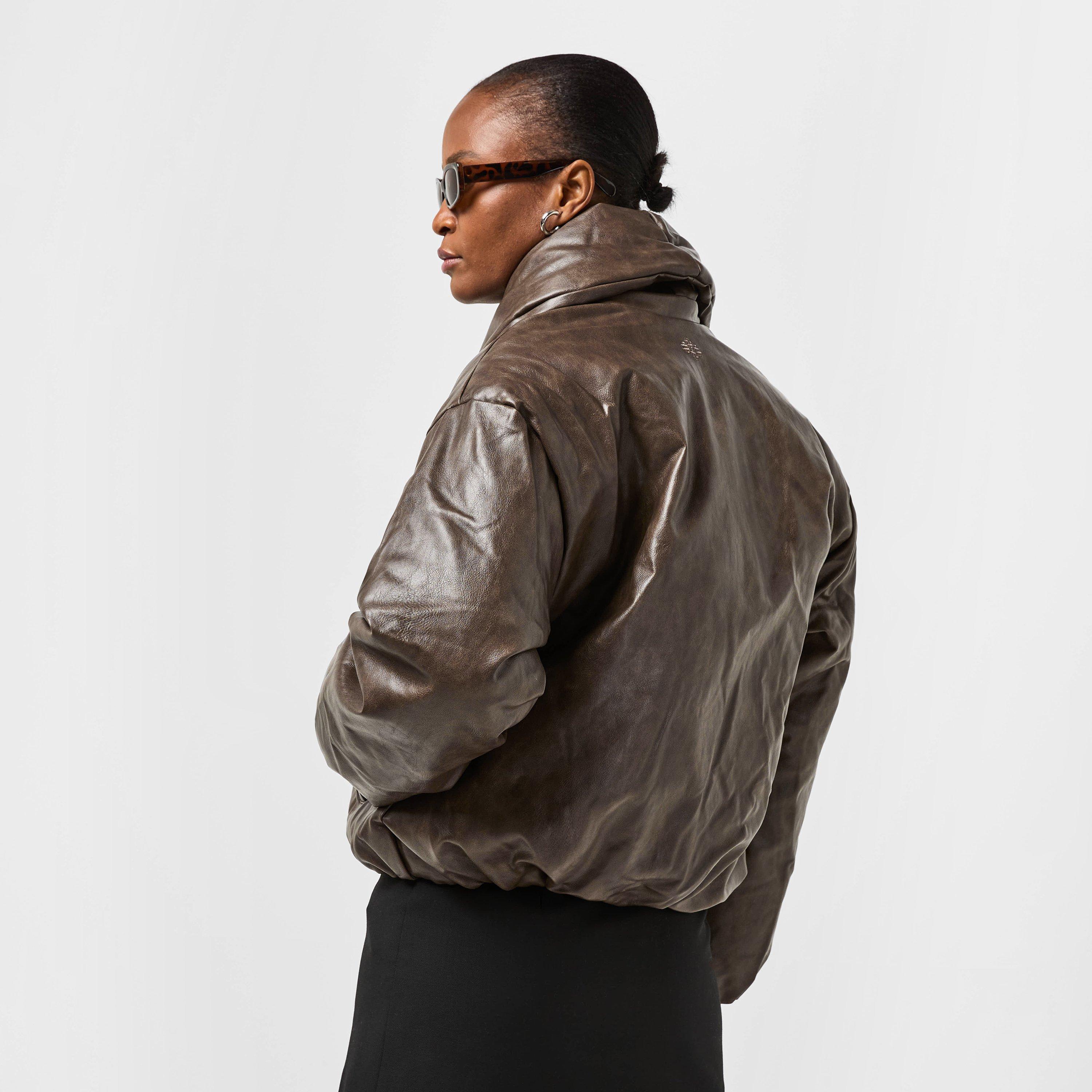 Brown - The Couture Club - Women's Oversized Faux Leather Long Sleeve Bomber Jacket - 4