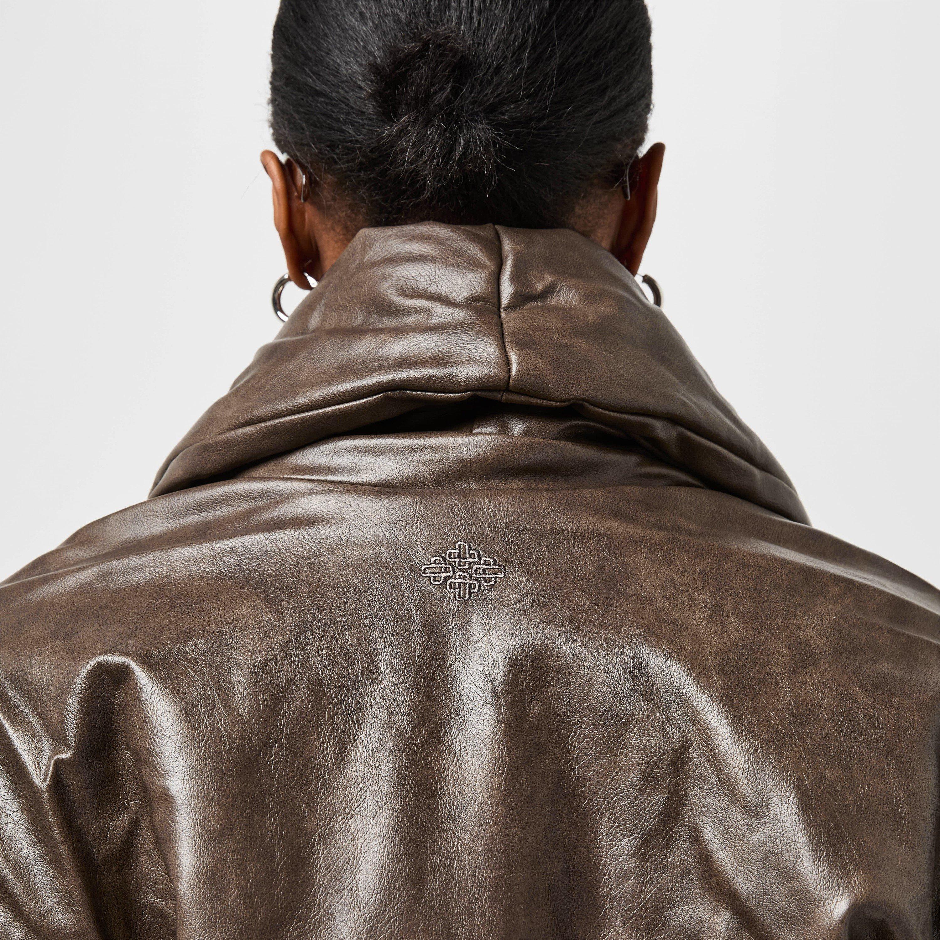 Brown - The Couture Club - Women's Oversized Faux Leather Long Sleeve Bomber Jacket - 5