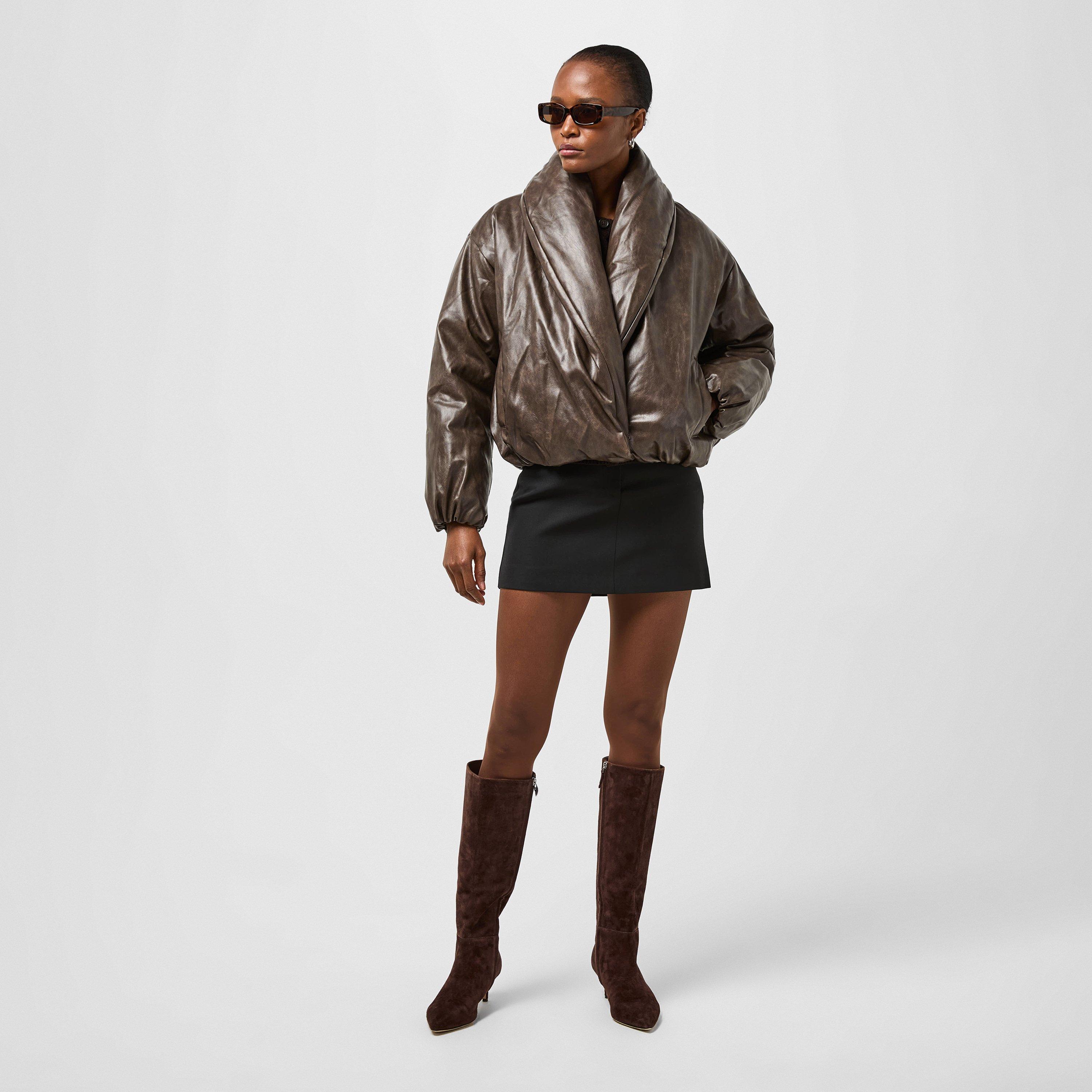 Brown - The Couture Club - Women's Oversized Faux Leather Long Sleeve Bomber Jacket - 6