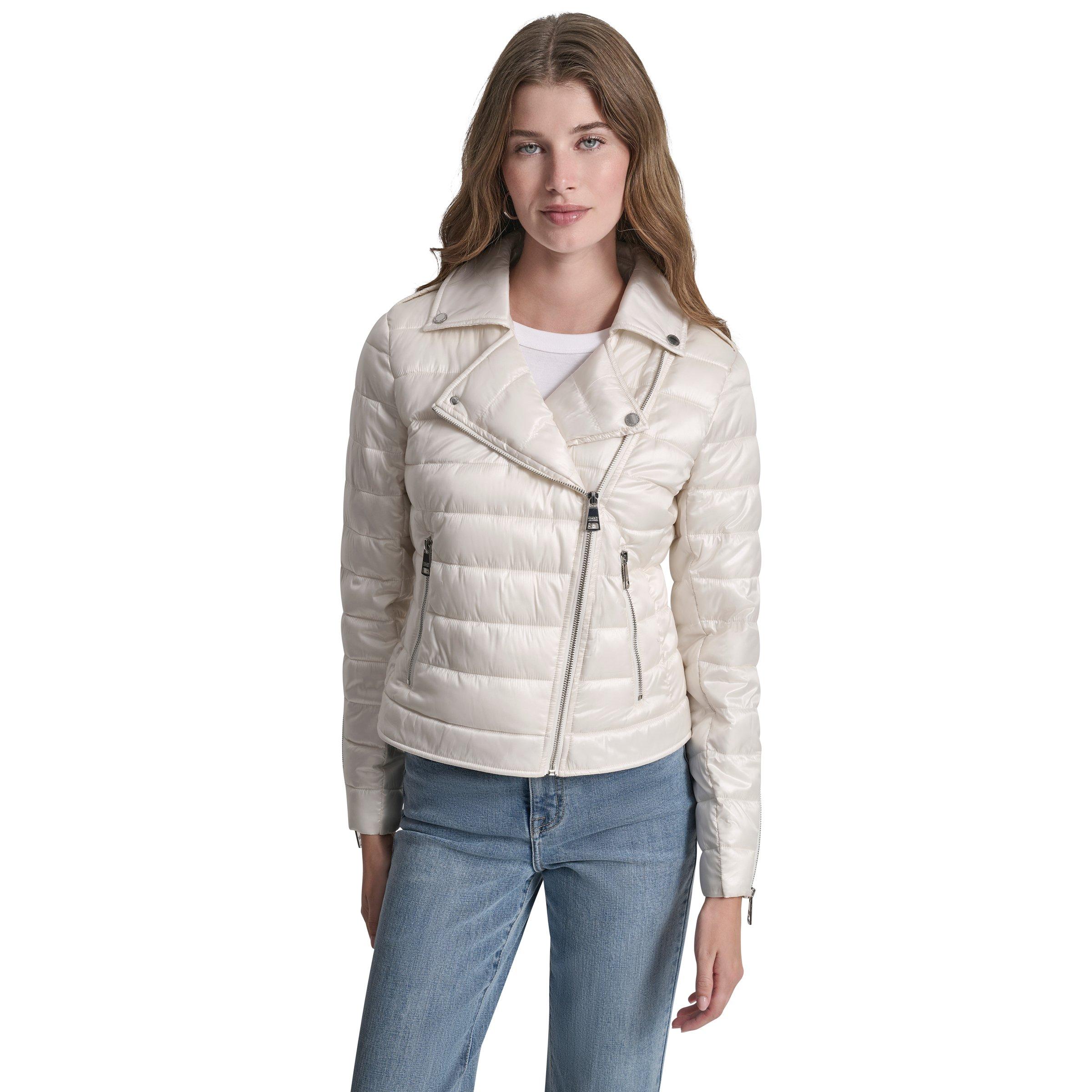 Dkny Women's Jeans Moto Style Light Weight Puffer Jacket - Metallic Eggnog - 12 (M)