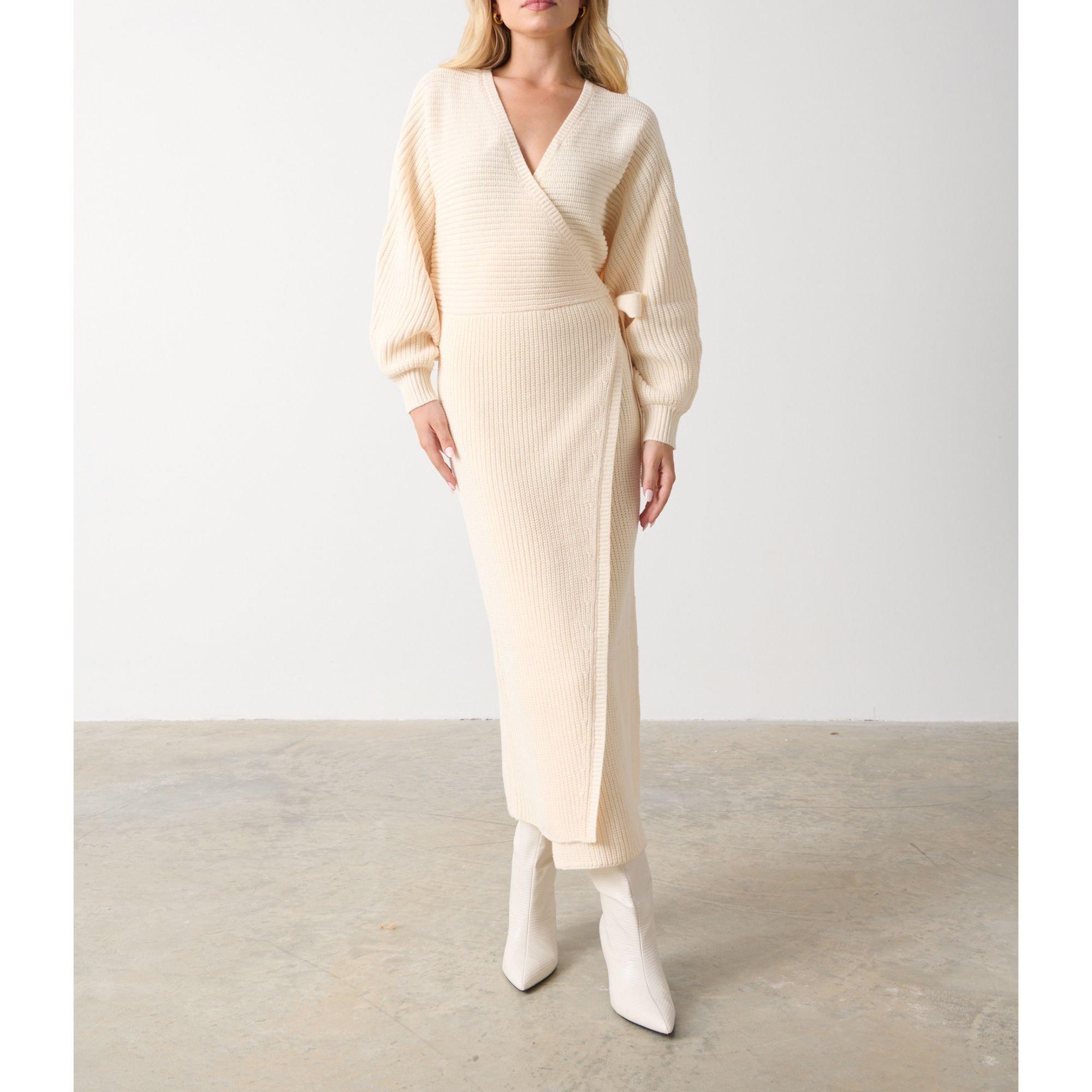 Cream - Pretty Lavish - Women's P. Aidan Wrap Knitted Jumper Dress - 1