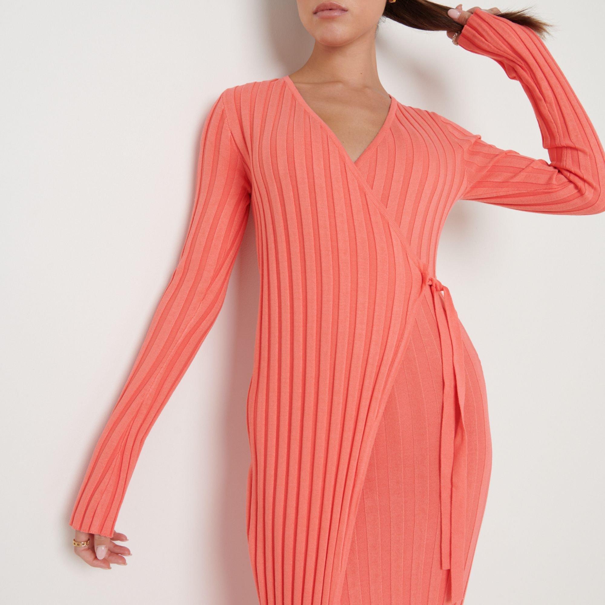 Coral - Pretty Lavish - Women's Ribbed Knit Jumper Dress - 2