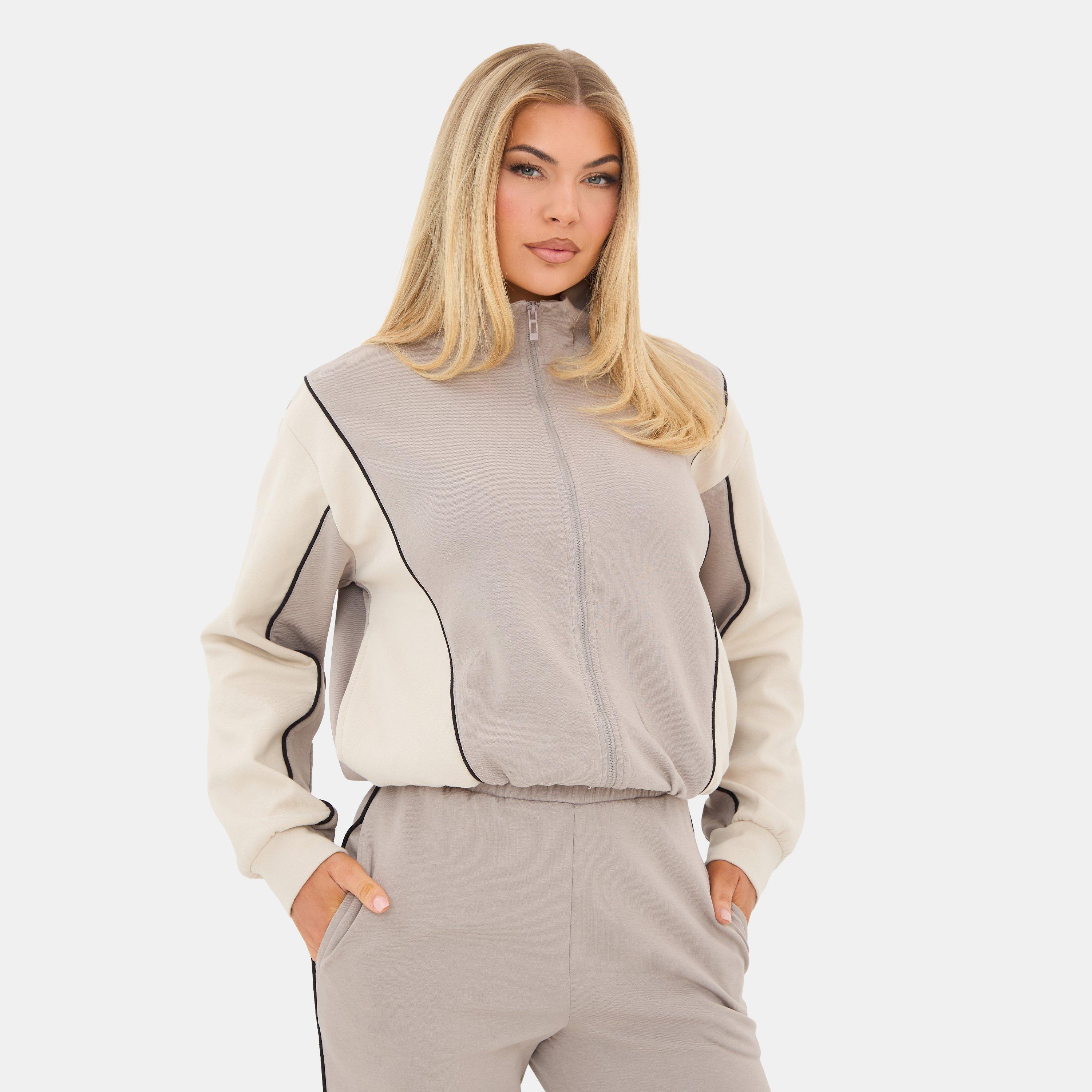 GREYISH-BROWN - I Saw It First - Contrast Panel Zip Up Top - 1