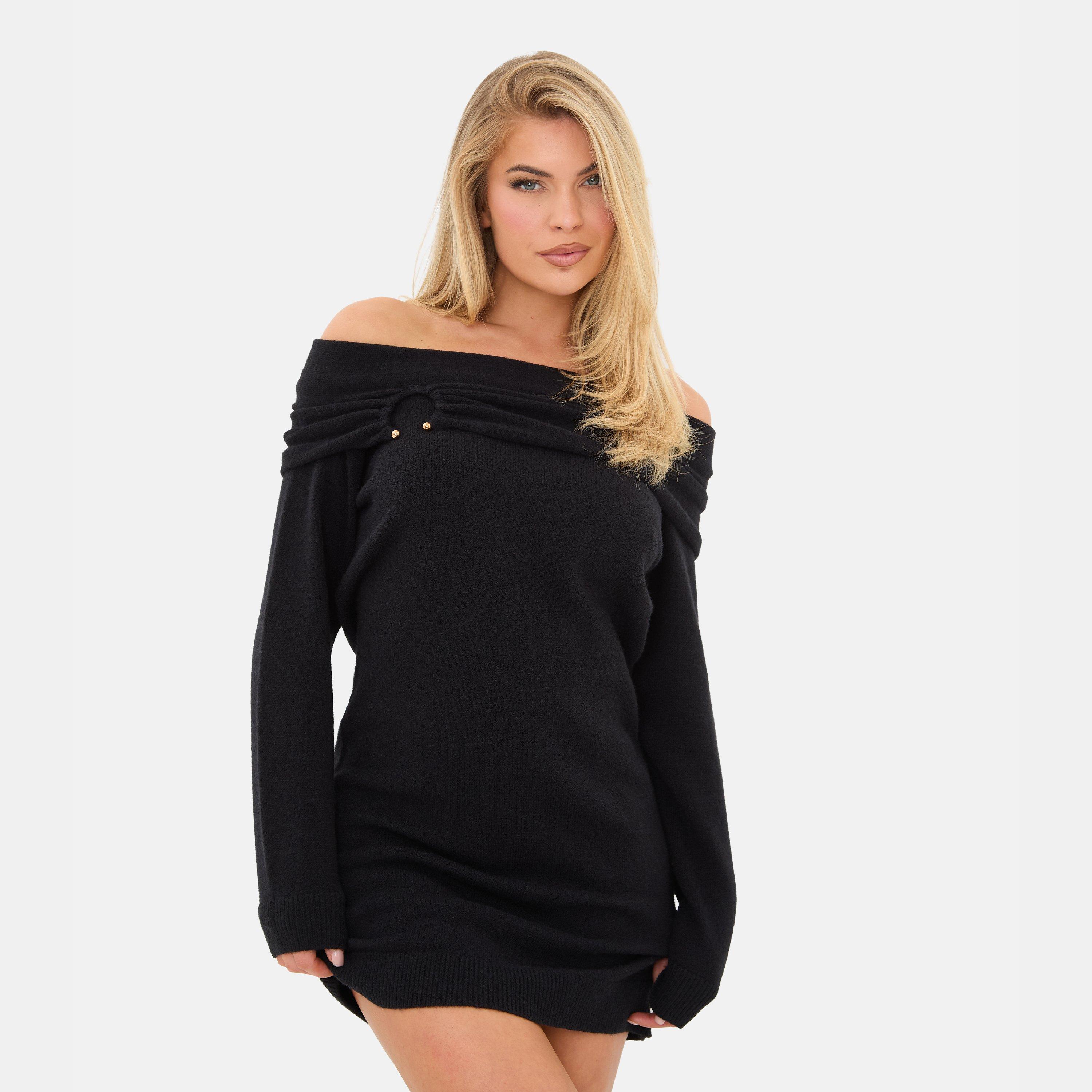 Black - I Saw It First - Women's Trim Bardot Mini Long Sleeve Knitted Jumper Dress - 1