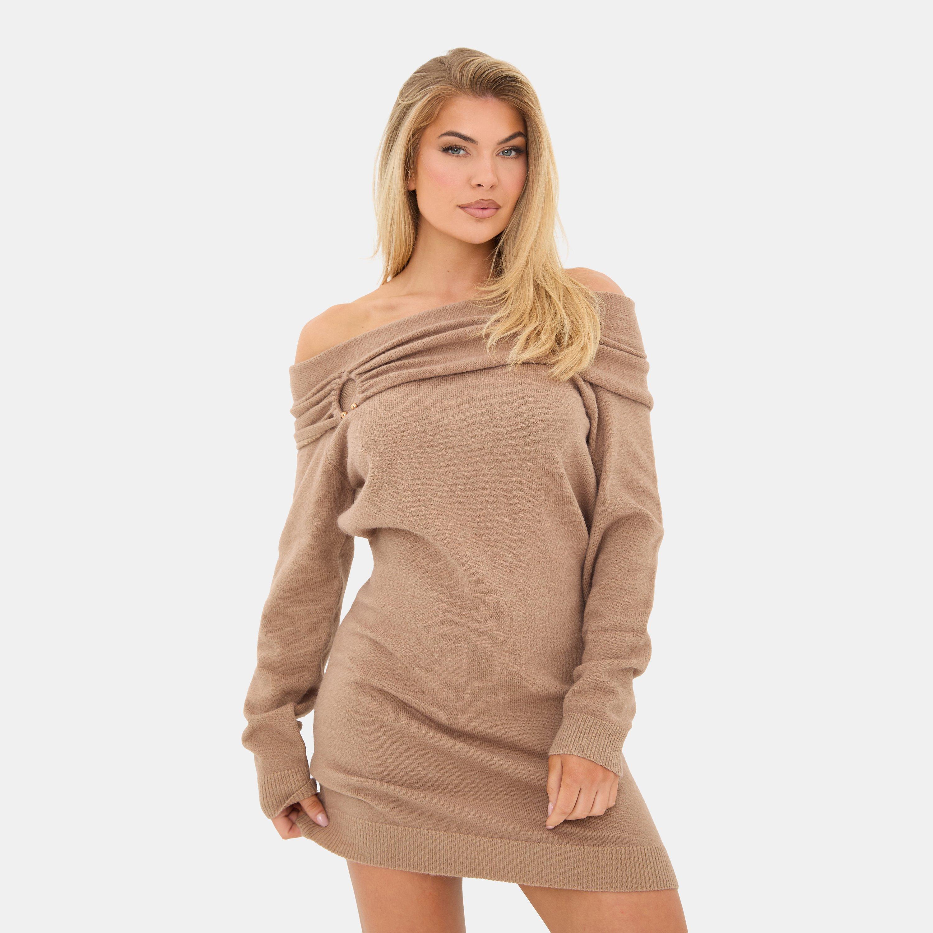 Women's Trim Bardot Mini Long Sleeve Knitted Jumper Dress
