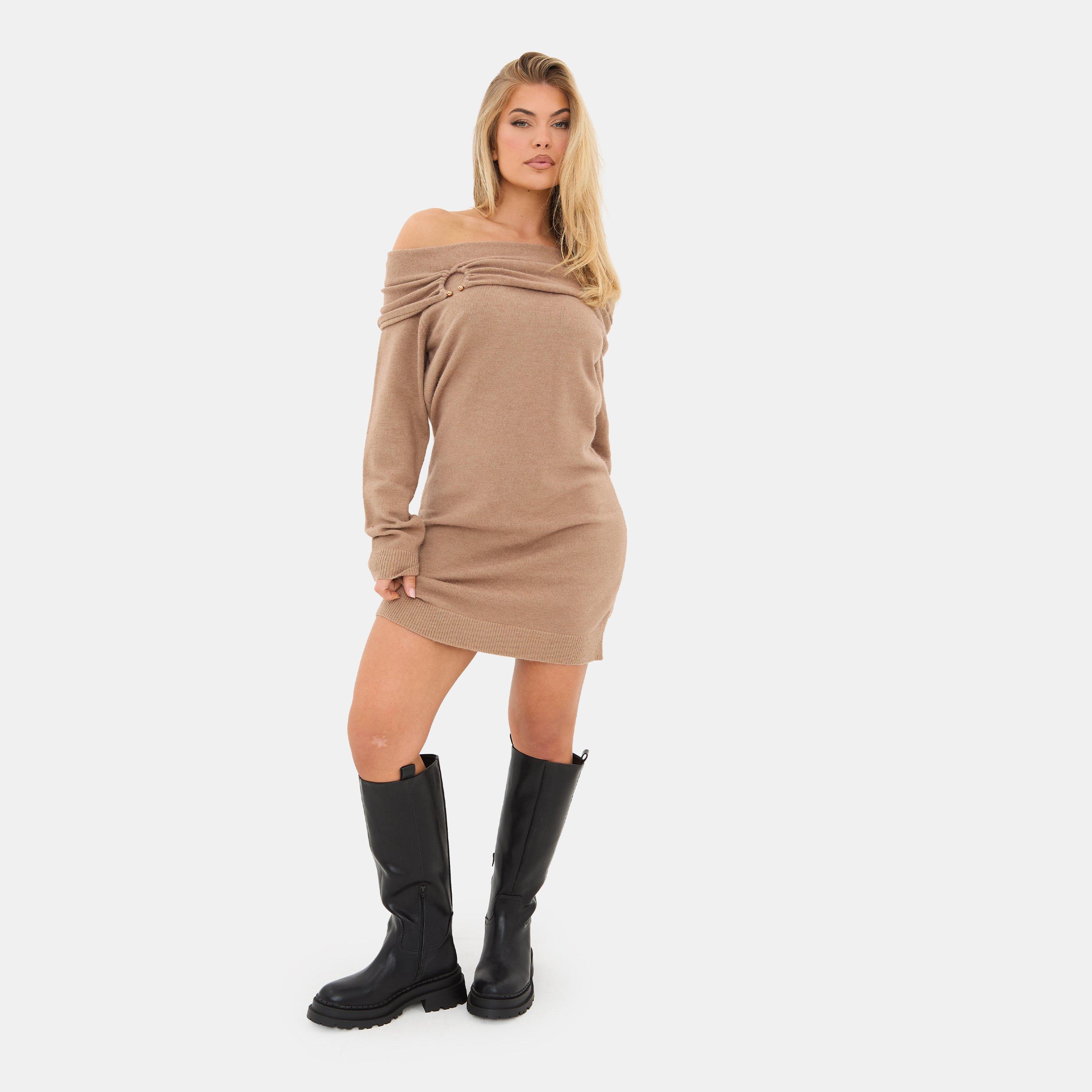 Mocha - I Saw It First - Women's Trim Bardot Mini Long Sleeve Knitted Jumper Dress - 4