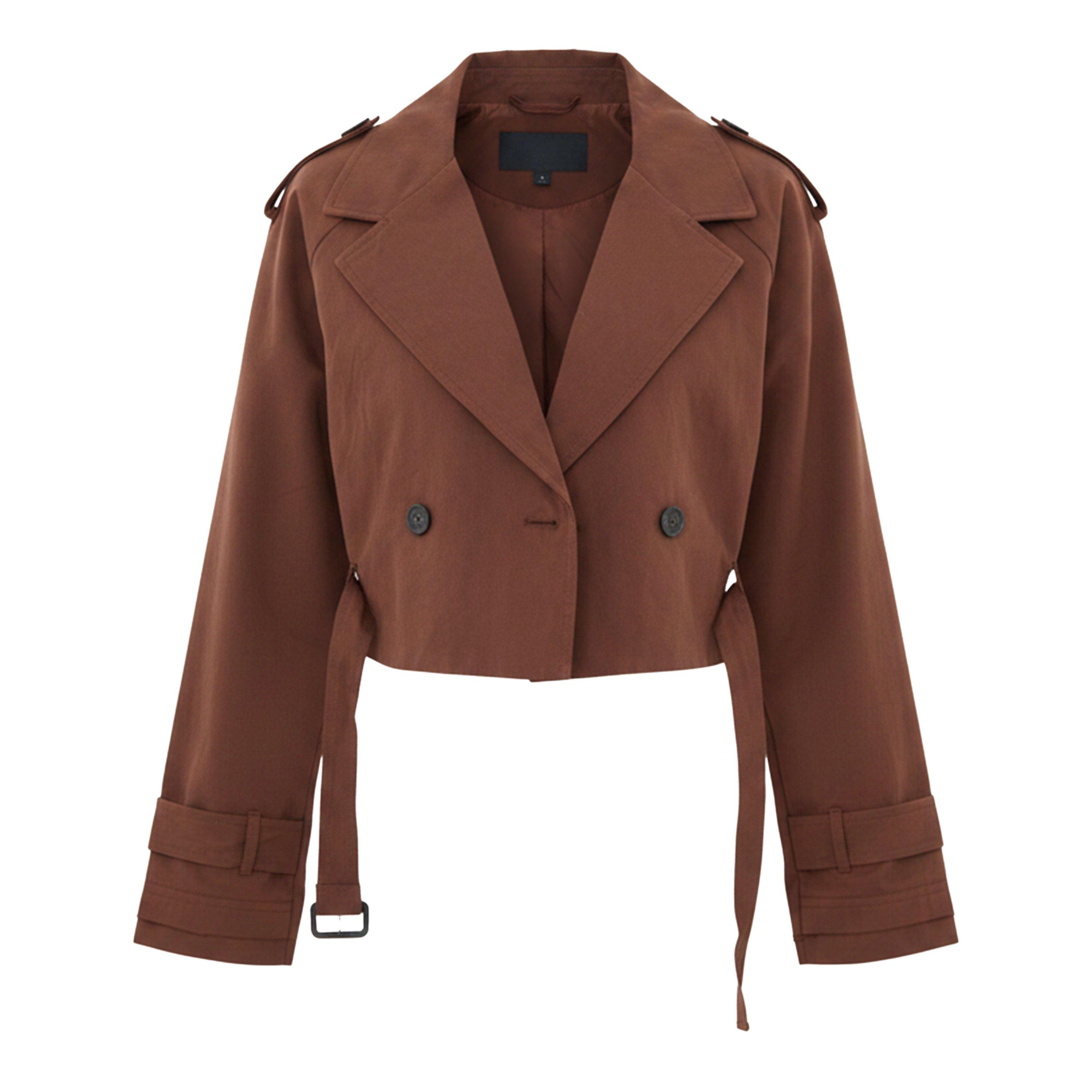 Brown - I Saw It First - Women's Cropped Long Sleeve Pull Over Trench Coat - 1