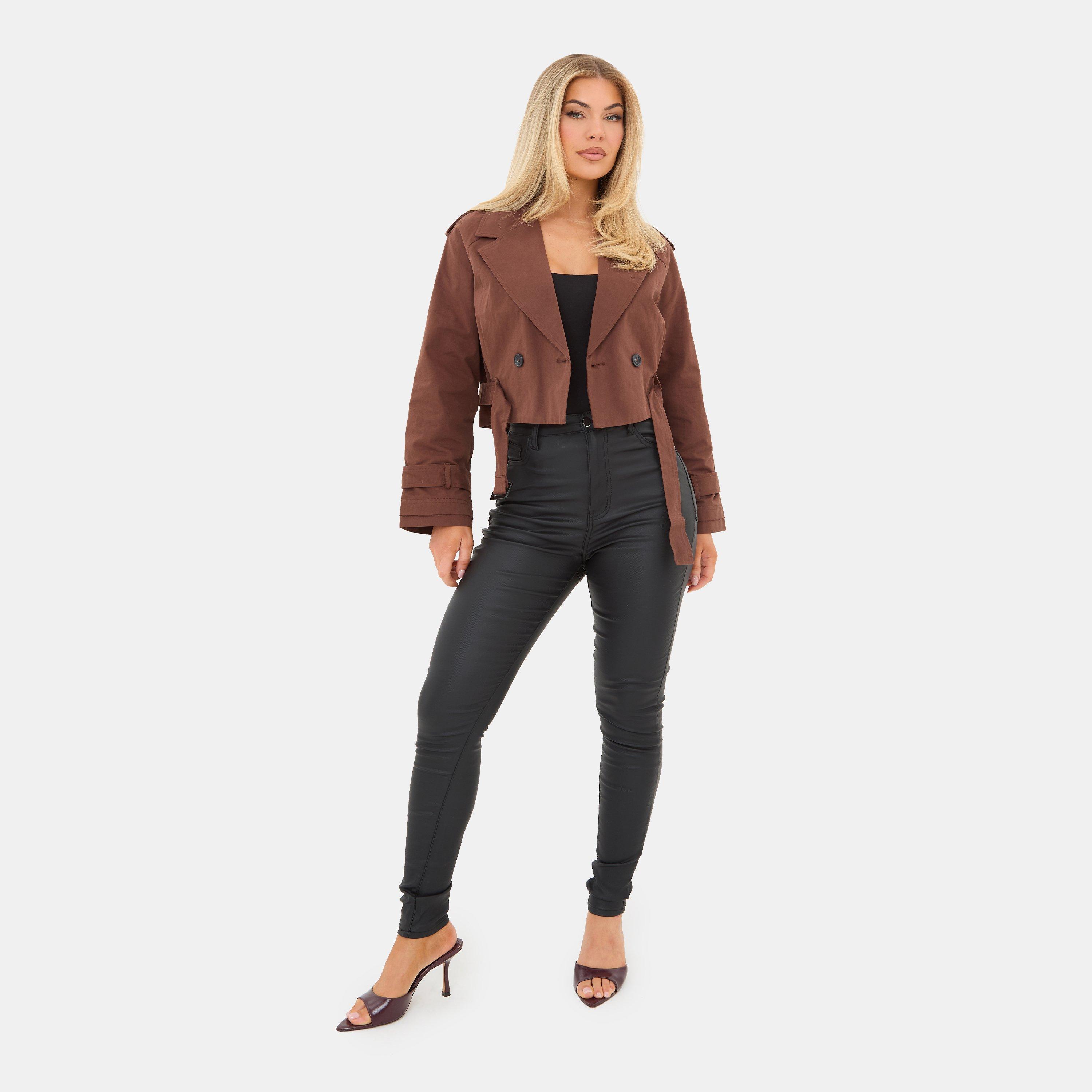Brown - I Saw It First - Women's Cropped Long Sleeve Pull Over Trench Coat - 6