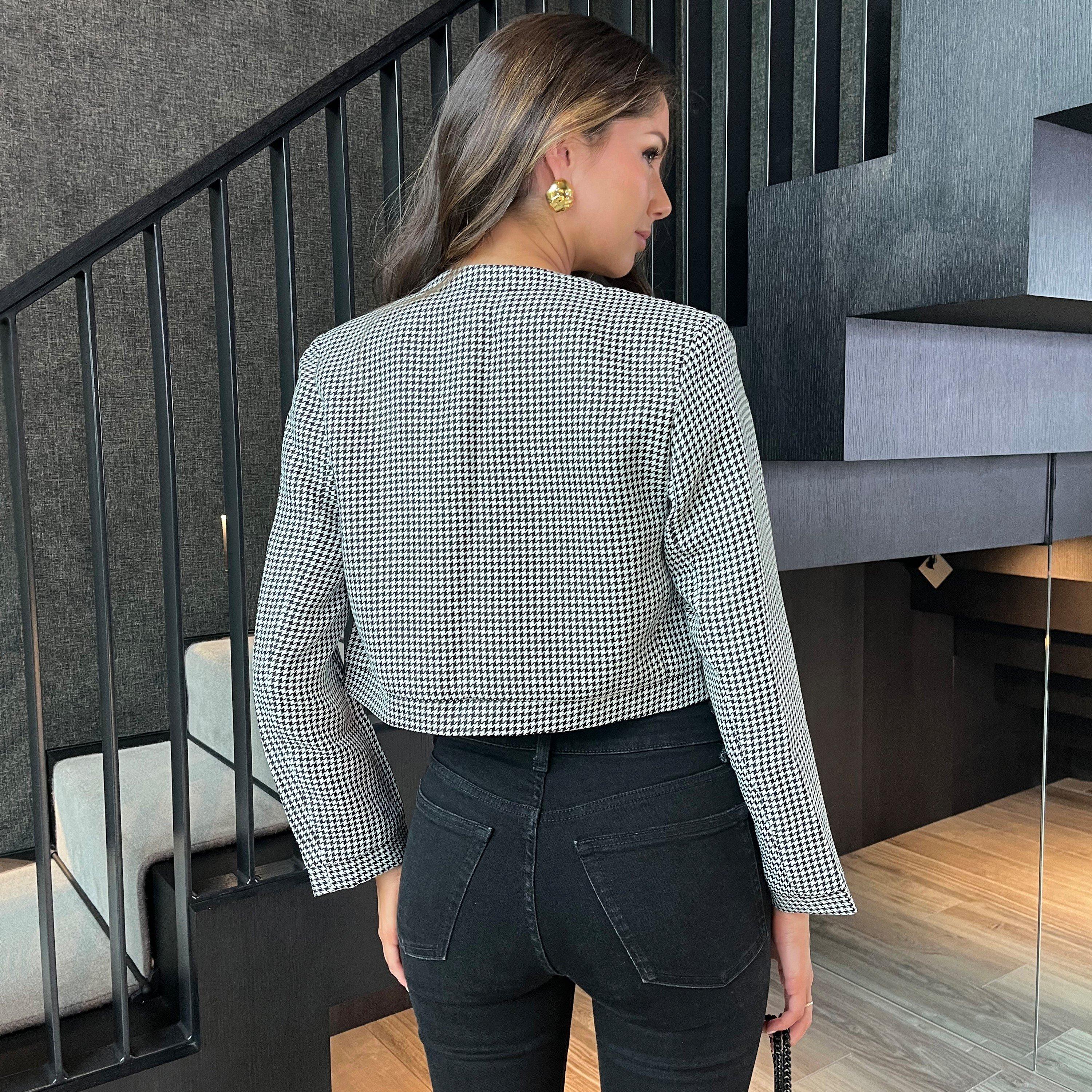 Black/White - AX Paris - Black and White Houndstooth Double Breasted Cropped Long Sleeve Hybrid Jacket - 2