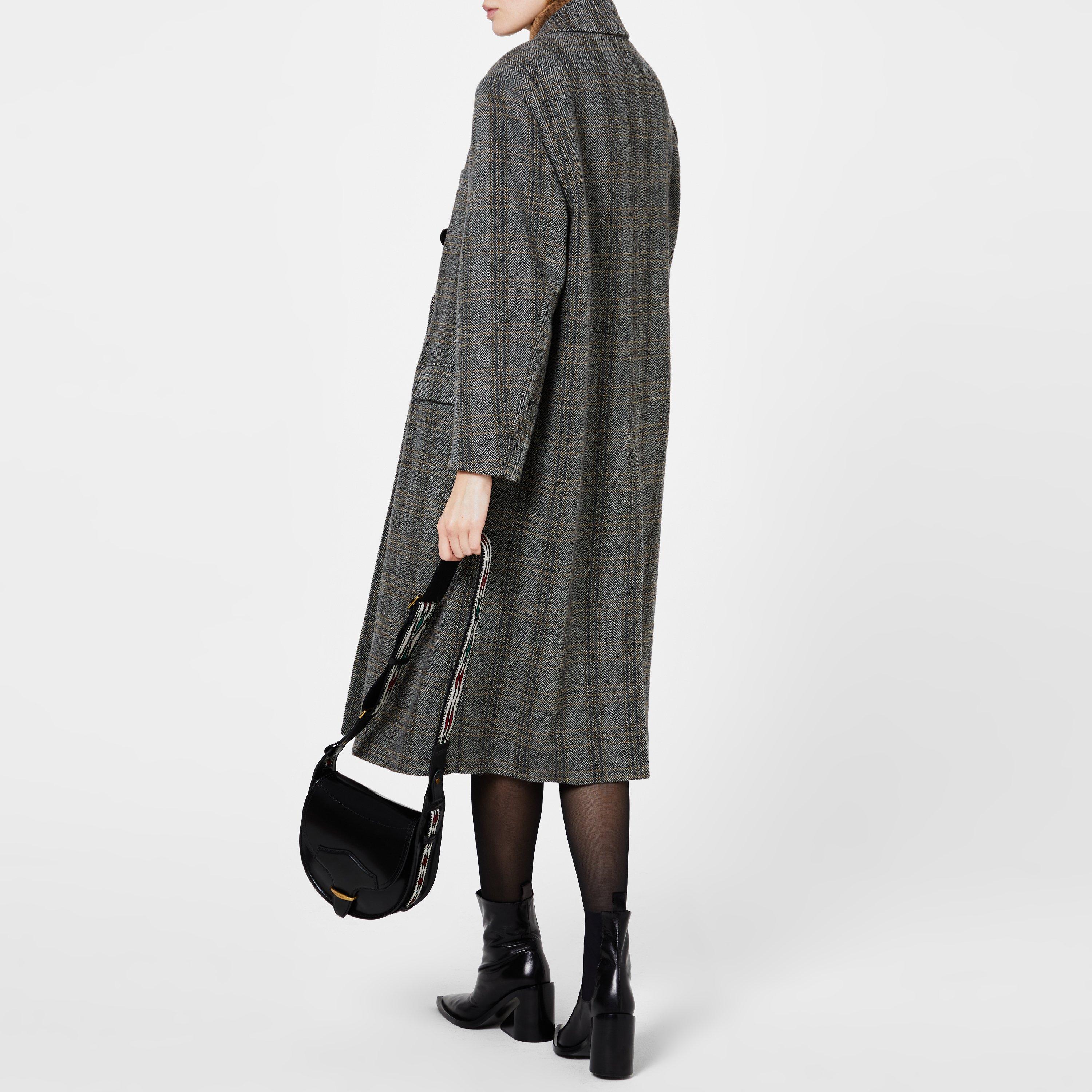 Beige 90Be - Marant Etoile - Women's Lojima Wool Double Breasted Check Print Long Sleeve Overcoat - 3