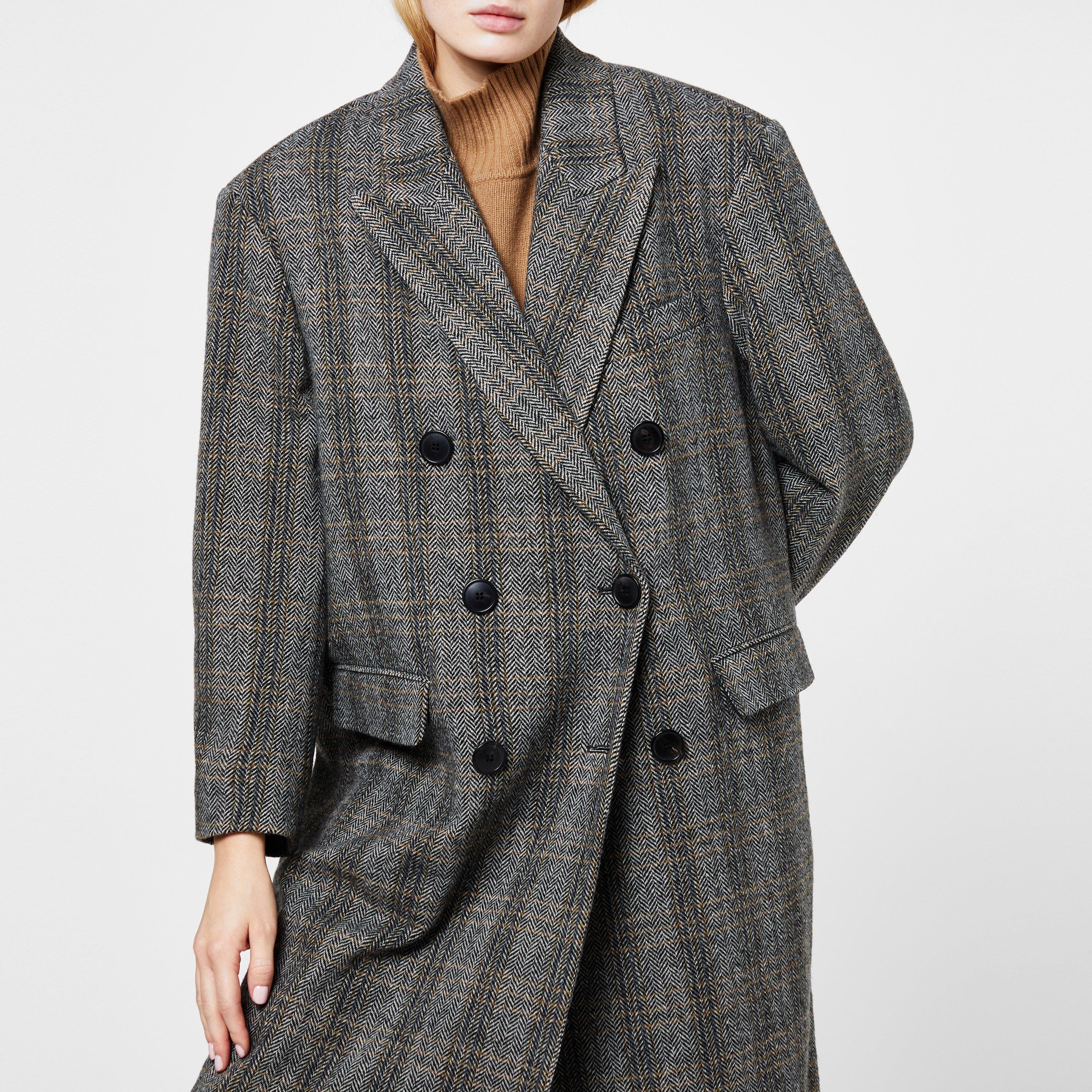 Beige 90Be - Marant Etoile - Women's Lojima Wool Double Breasted Check Print Long Sleeve Overcoat - 4