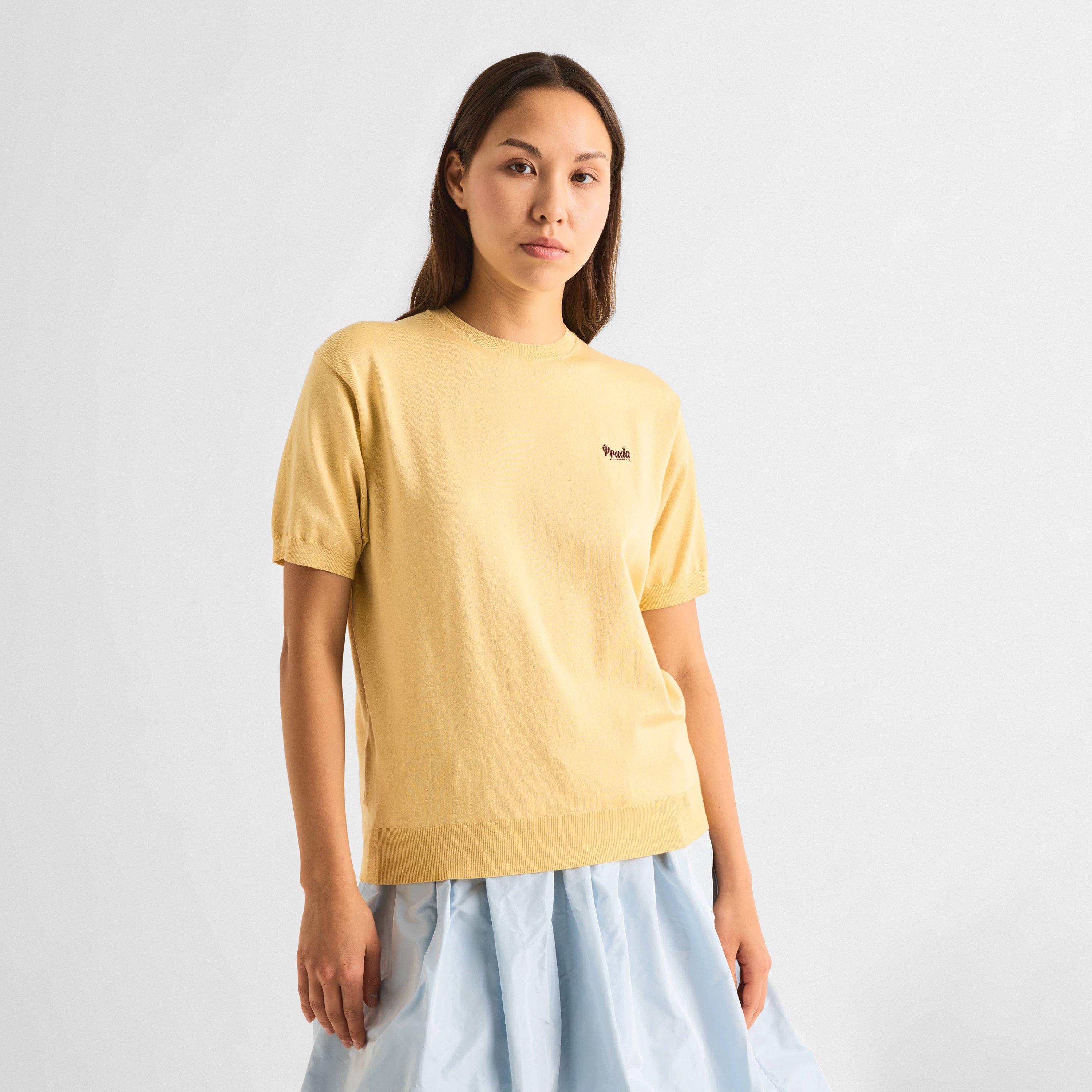 Crema/Amaranto - Prada - Women's Silk Short Sleeve Knitted Top - 3