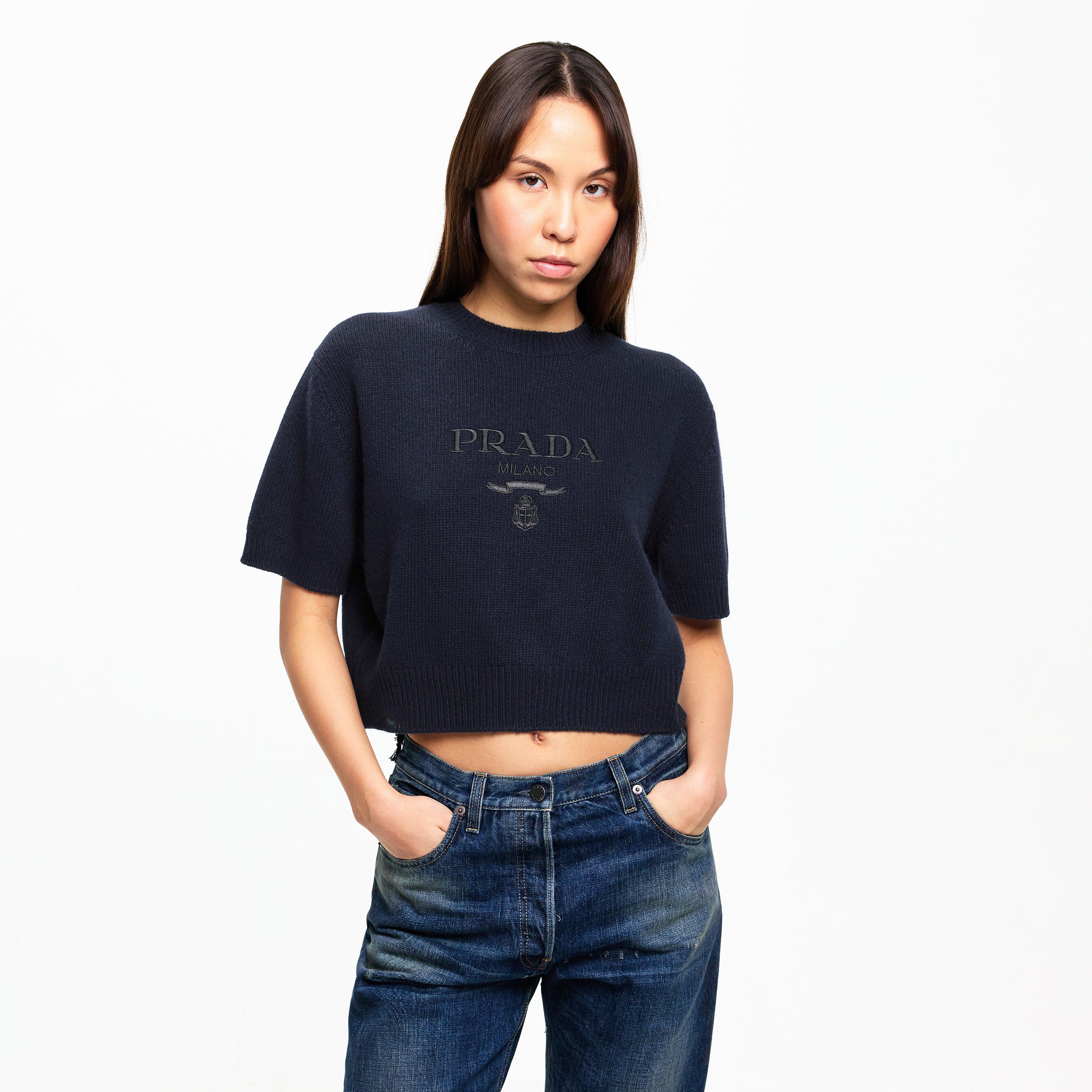 Blue - Prada - Women's Cashmere Short Sleeve Knitted Top - 3