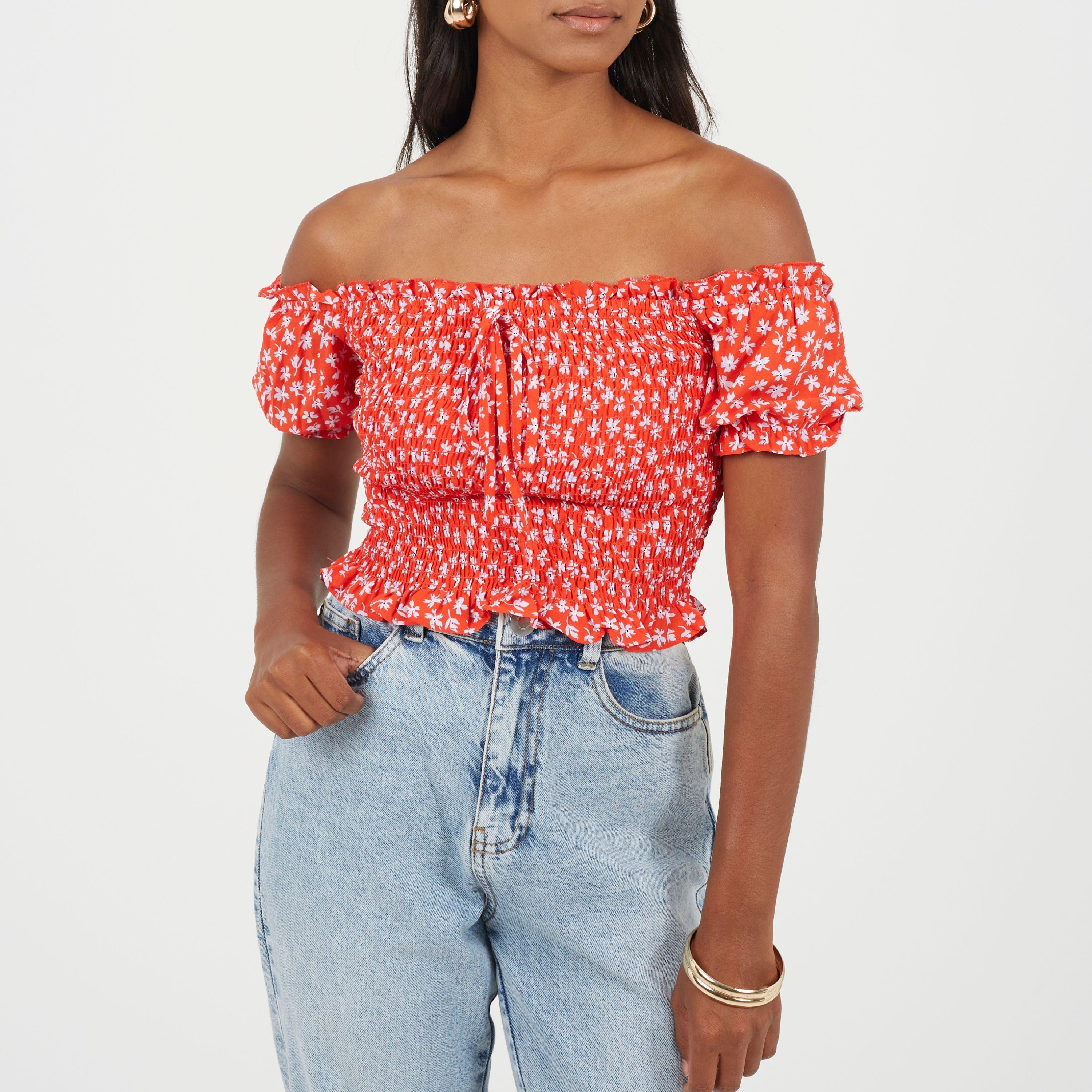 Red/Floral - Brave Soul - Women's Bardot Off Shoulder Top - 1