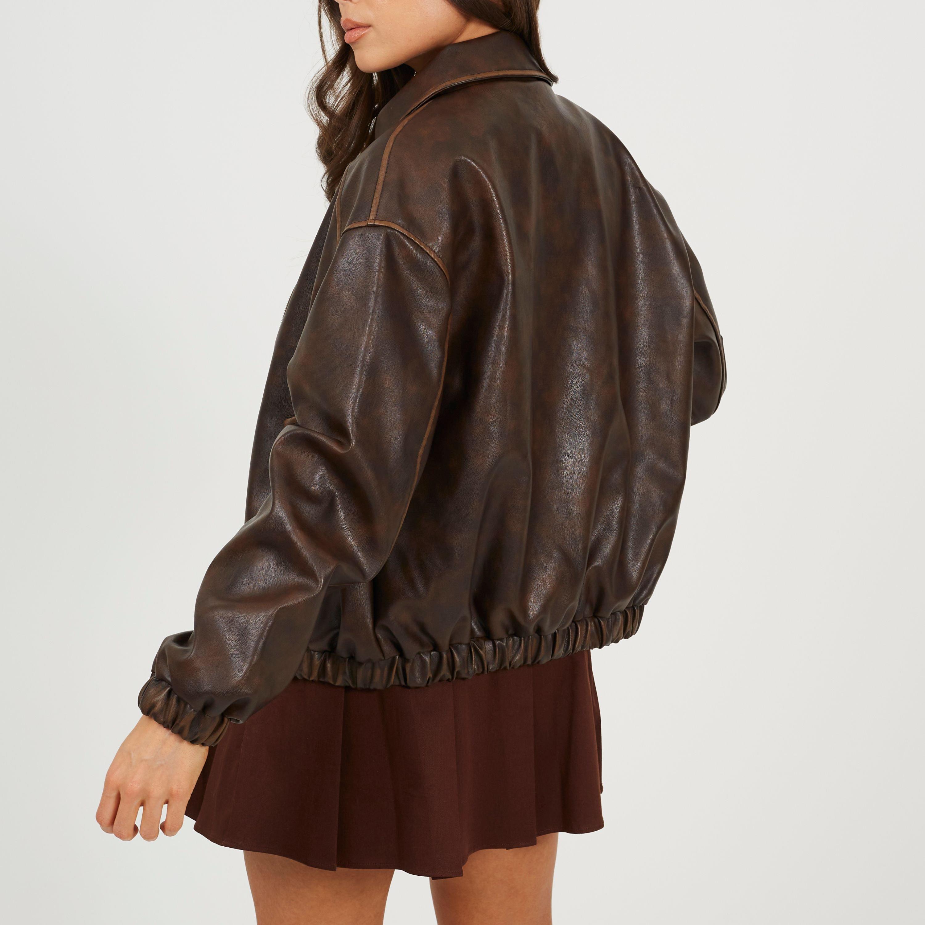 Vntge Dk Brown - Brave Soul - BS Womens Vintage Finish Faux Leather Bomber with Collar - 2