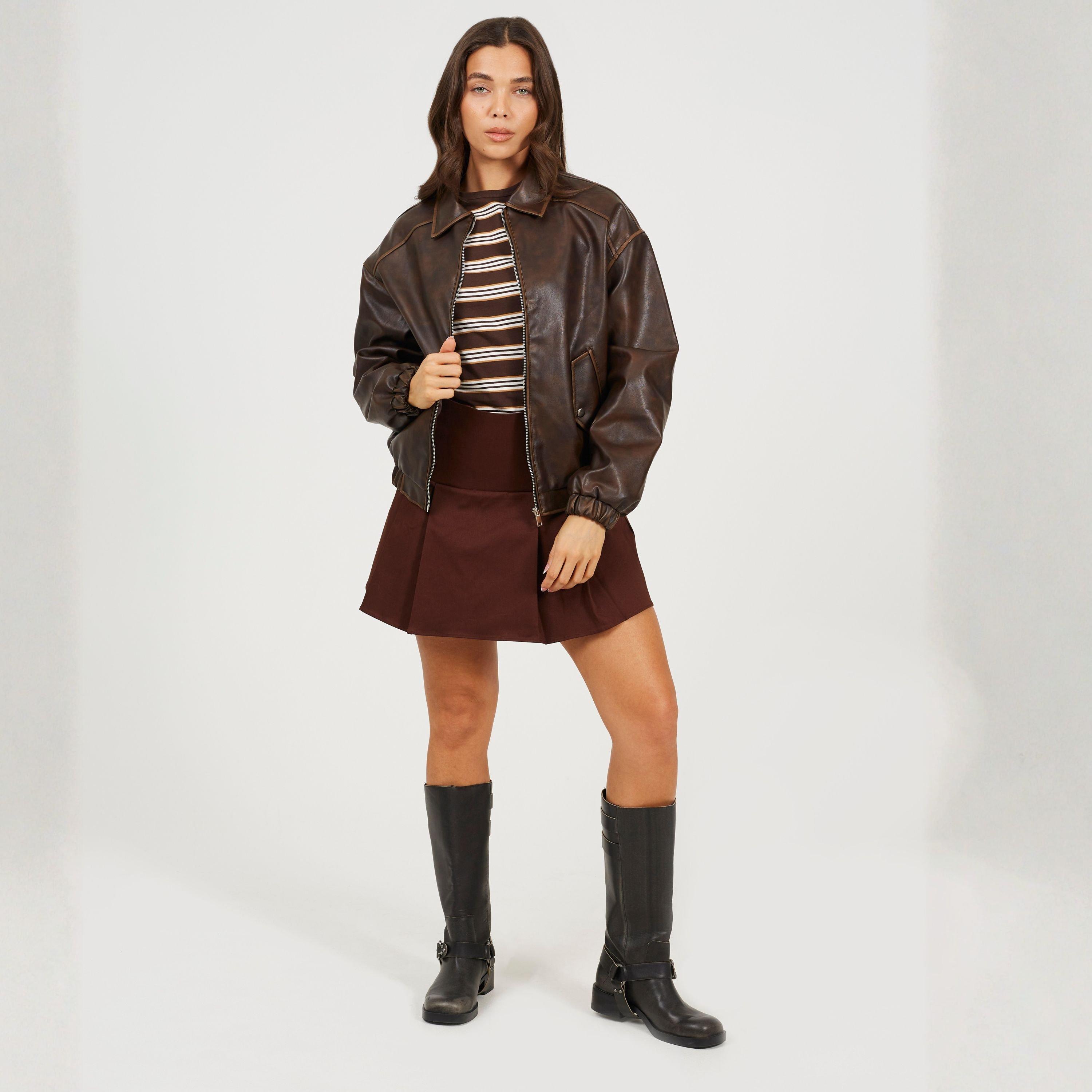 Vntge Dk Brown - Brave Soul - BS Womens Vintage Finish Faux Leather Bomber with Collar - 4