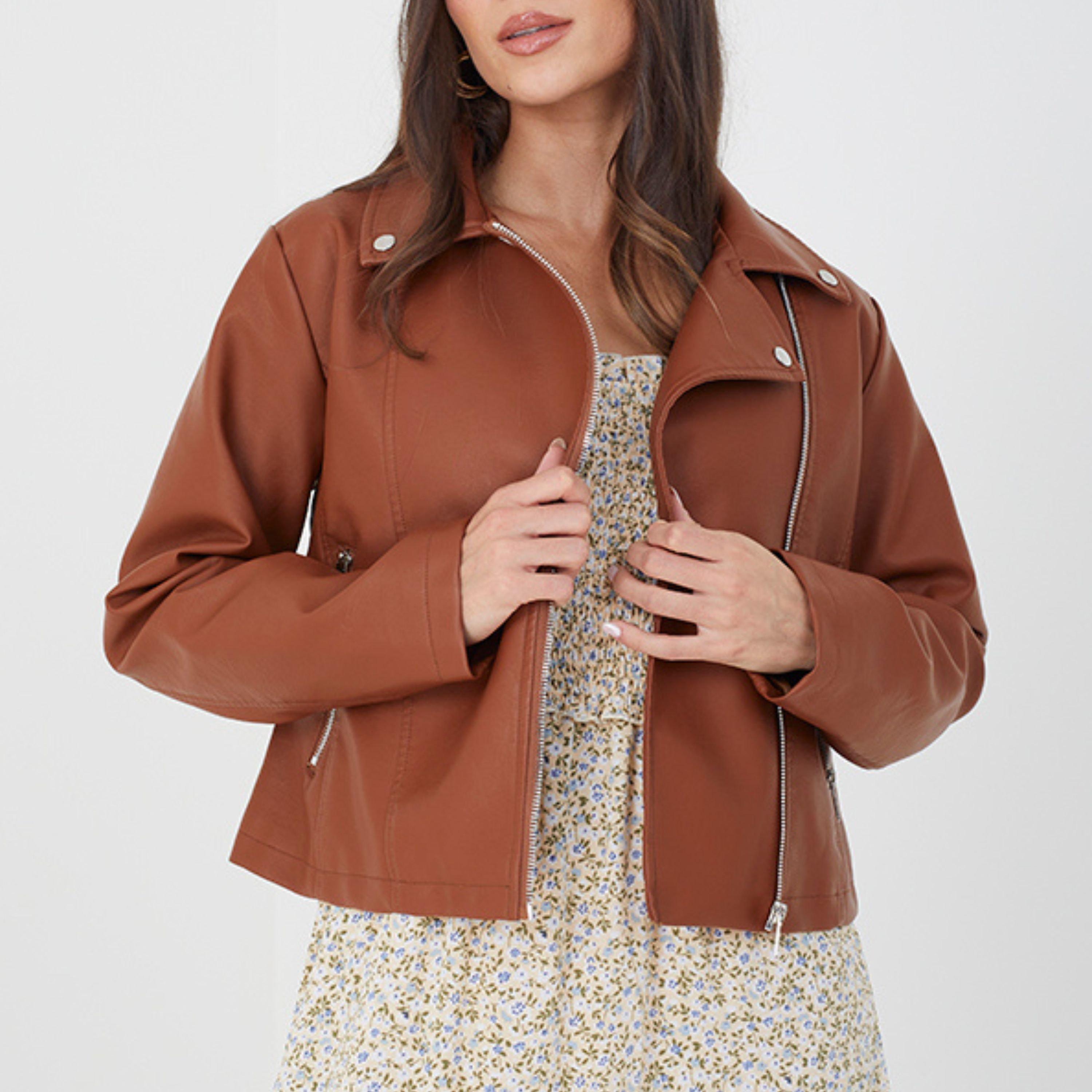 Tan - Brave Soul - BS Womens Faux Leather Tan Biker Jacket - 1