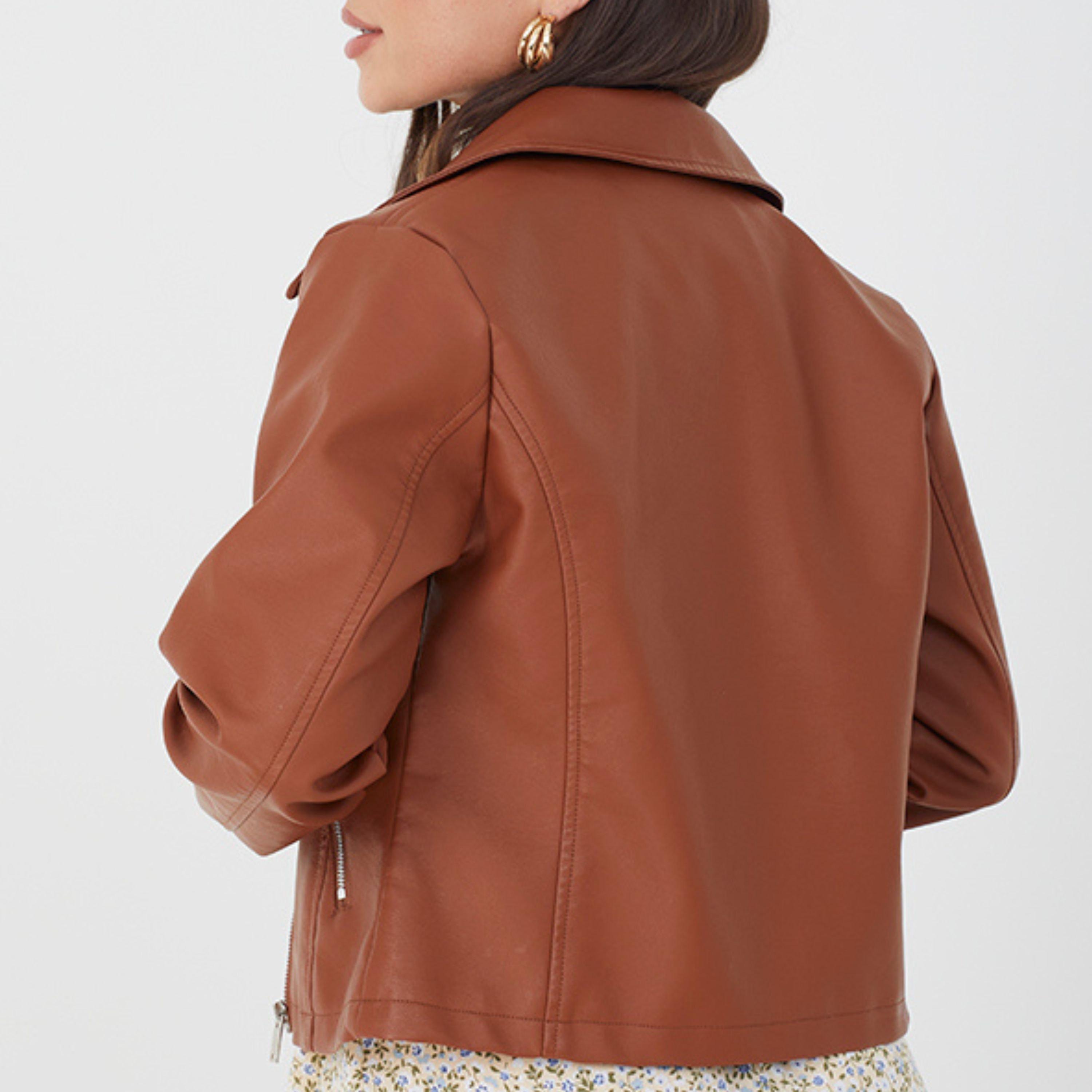 Tan - Brave Soul - BS Womens Faux Leather Tan Biker Jacket - 2