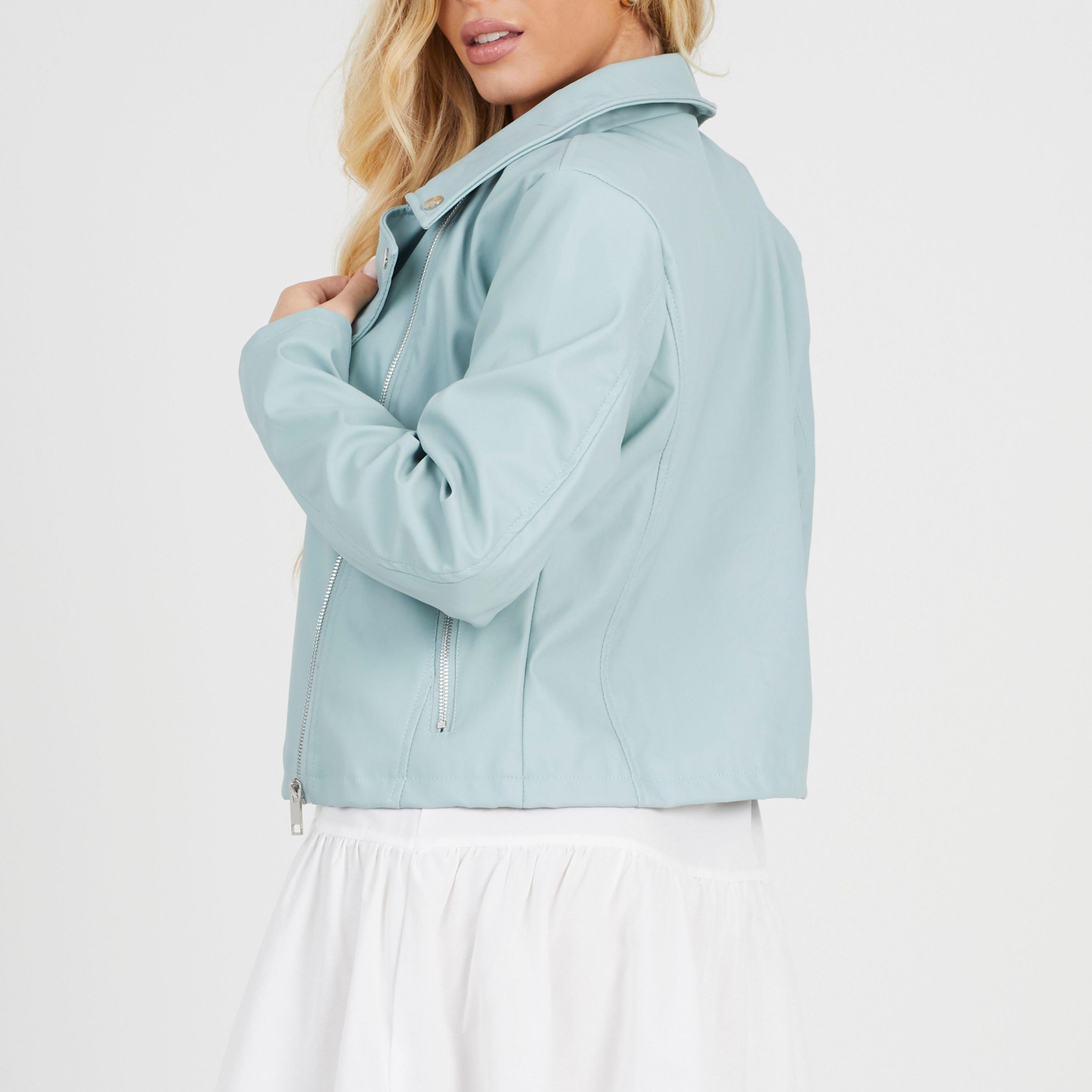 Sage Green - Brave Soul - BS Womens Faux Leather Sage Green Biker Jacket - 2