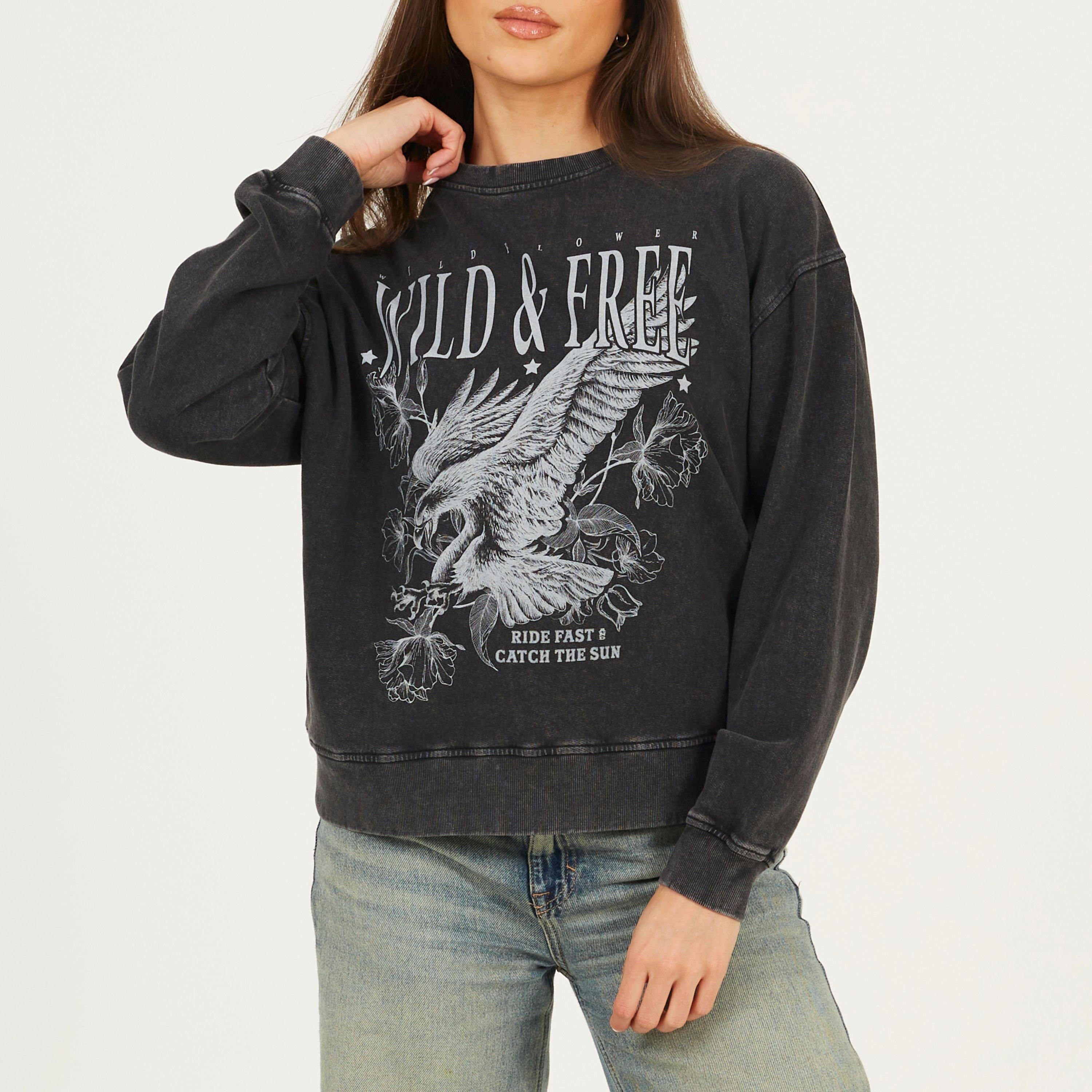 Black Acid Wash - Brave Soul - Womens Crew Neck Graphic Sweatshirt - 1