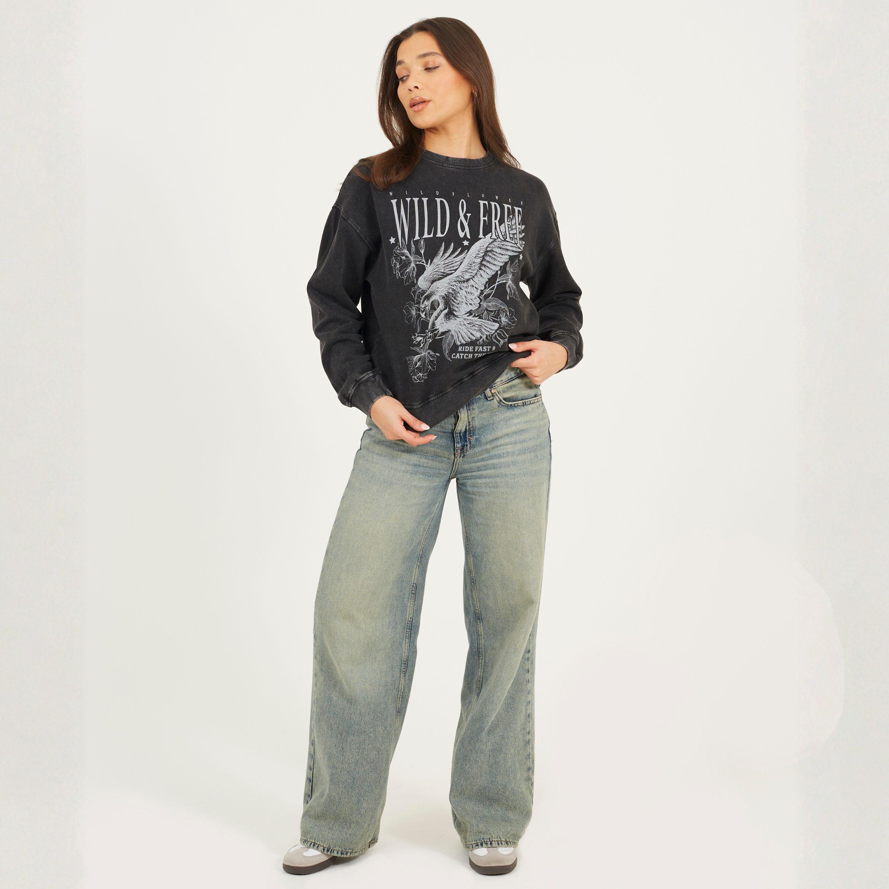 Black Acid Wash - Brave Soul - Womens Crew Neck Graphic Sweatshirt - 4