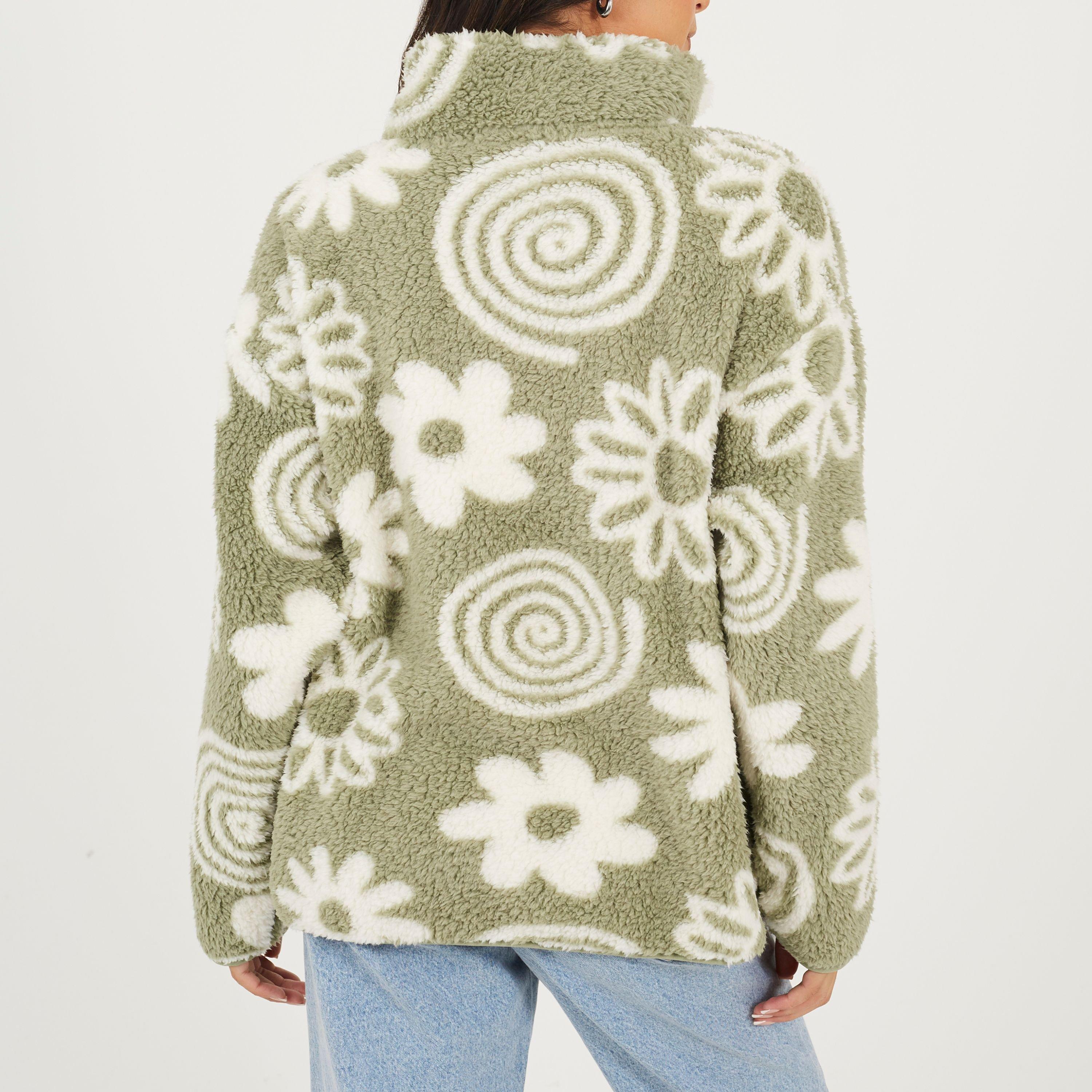 Vert Sauge/Crème - Brave Soul - Womens Flower Print High Neck Fleece Sweatshirt - 2