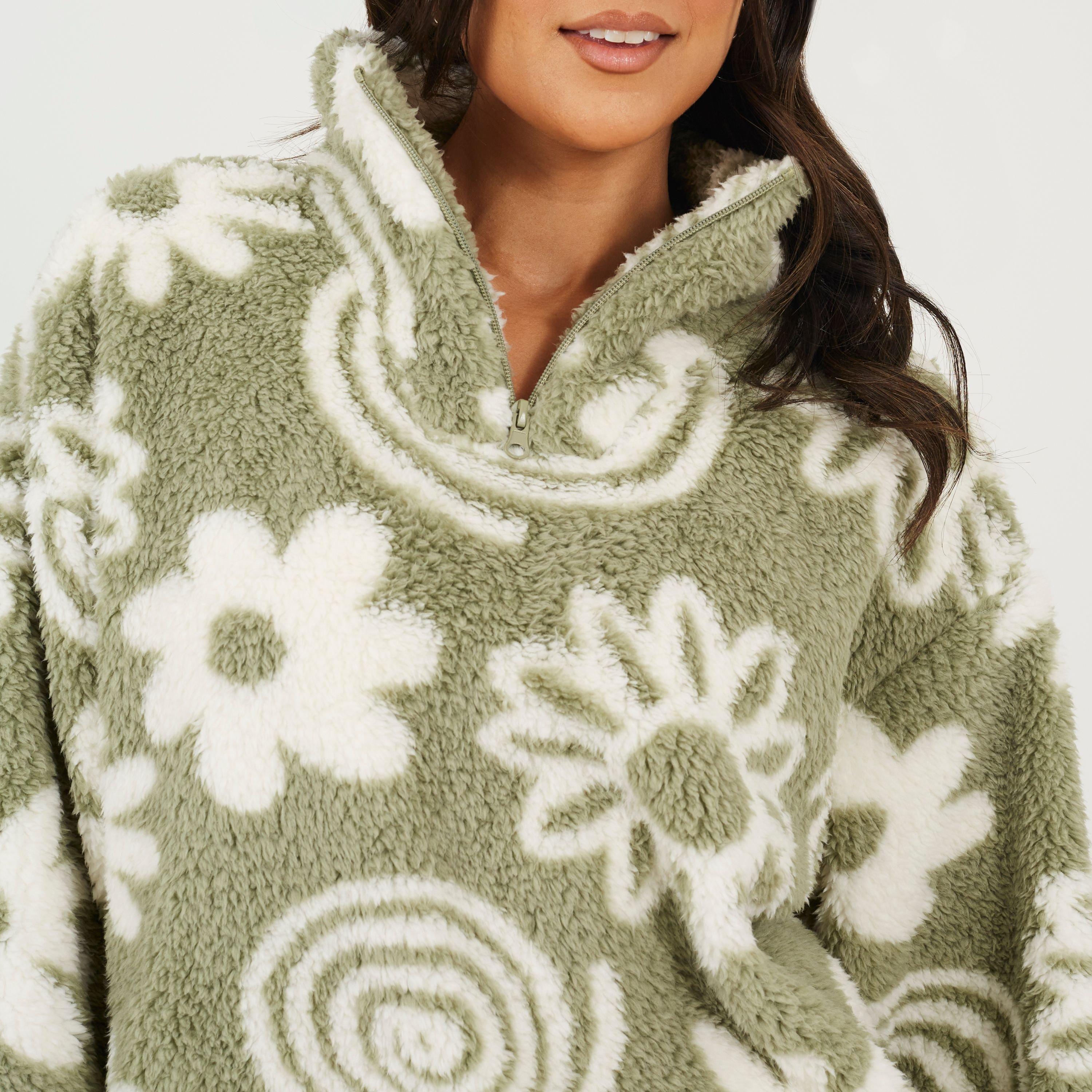 Vert Sauge/Crème - Brave Soul - Womens Flower Print High Neck Fleece Sweatshirt - 3