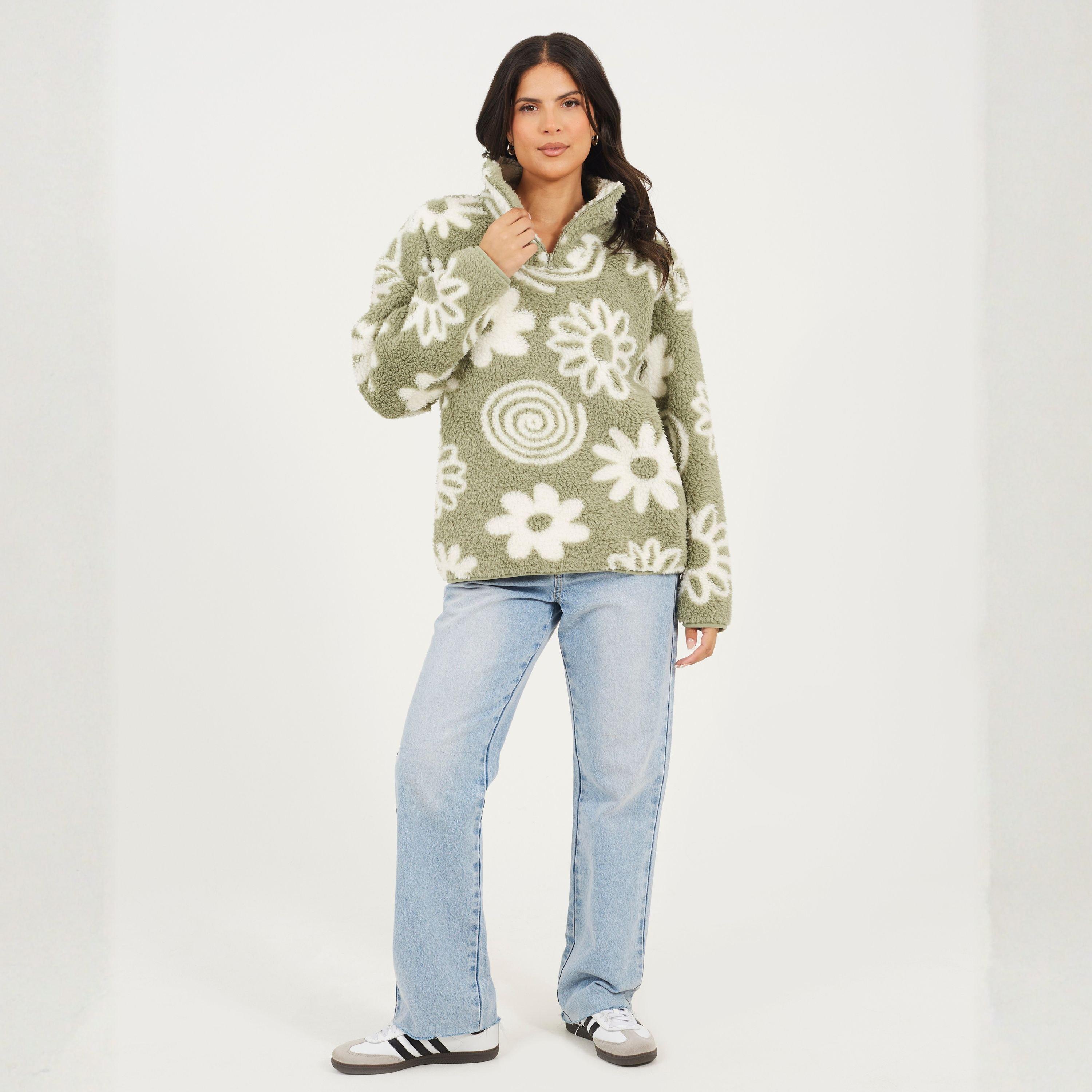 Vert Sauge/Crème - Brave Soul - Womens Flower Print High Neck Fleece Sweatshirt - 4