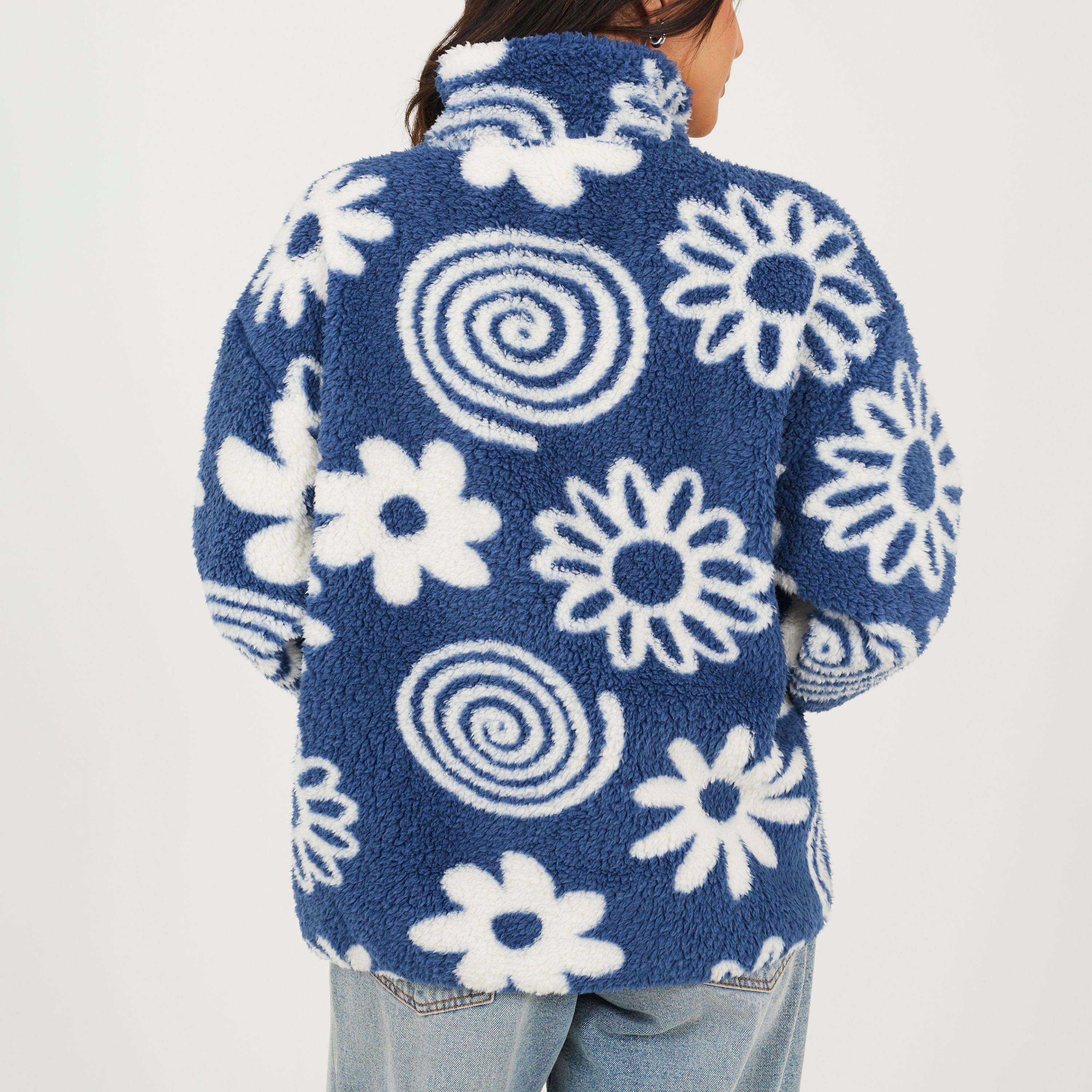 Blue/Cream - Brave Soul - Womens Flower Print High Neck Fleece Sweatshirt - 2