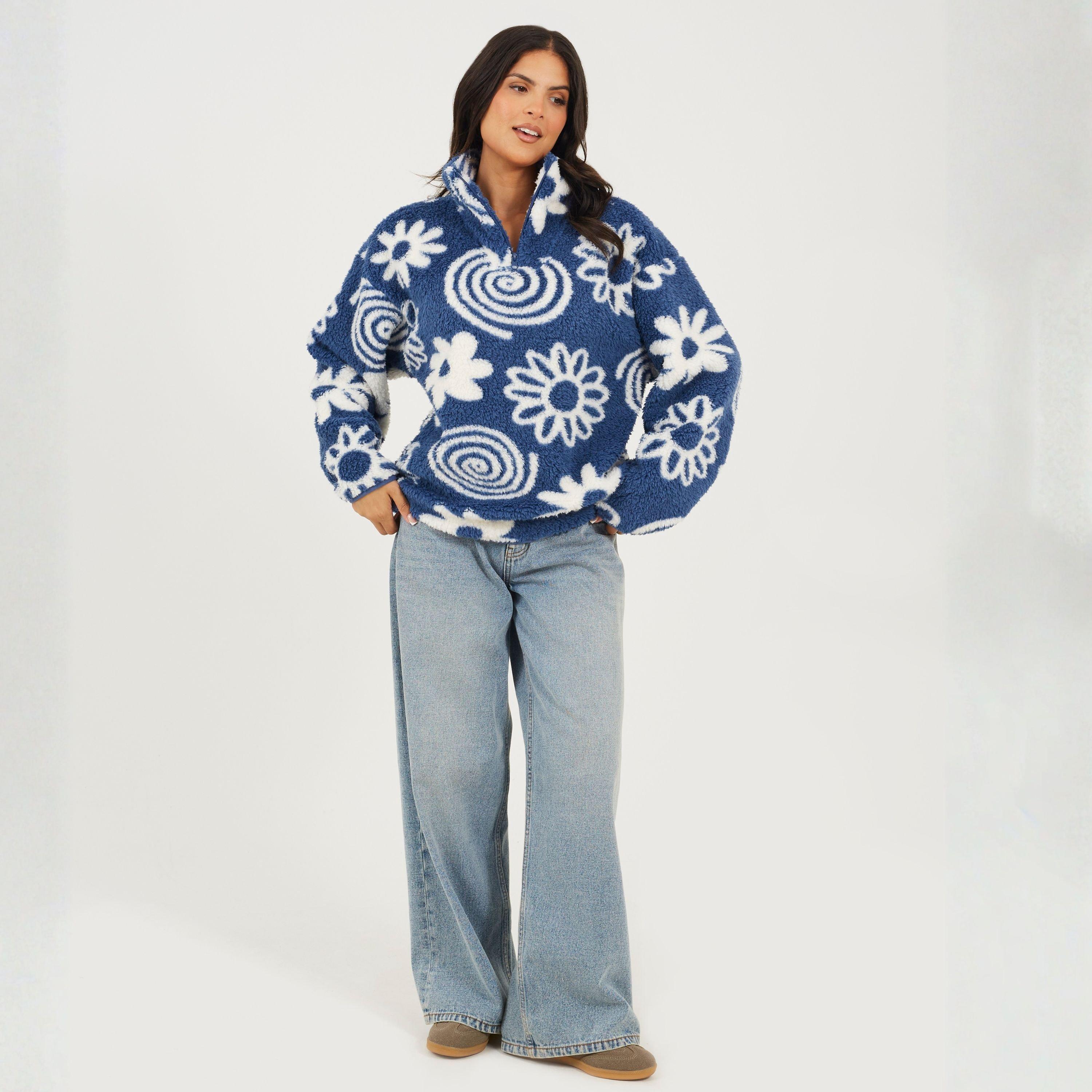 Blue/Cream - Brave Soul - Womens Flower Print High Neck Fleece Sweatshirt - 4