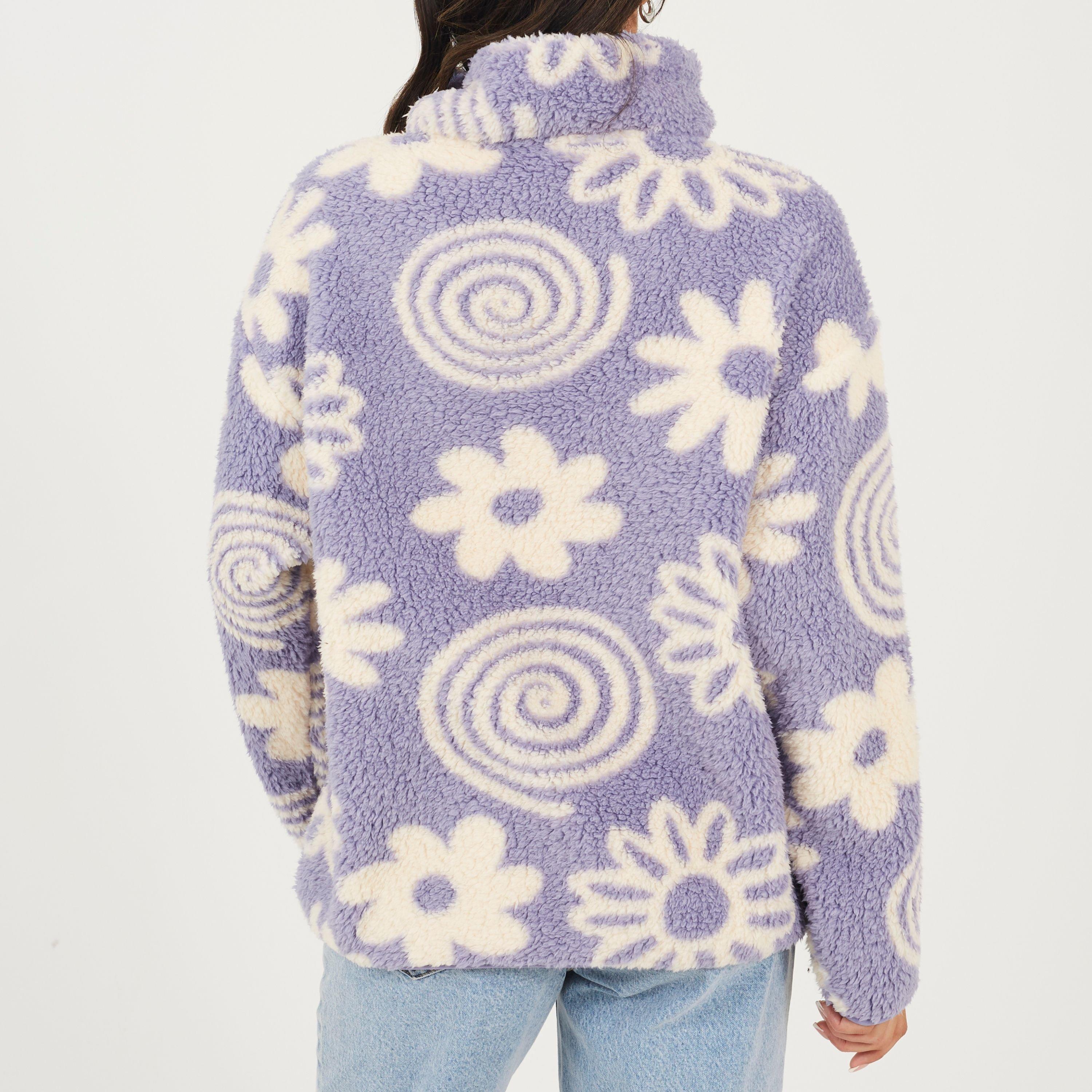 Lilac/Cream - Brave Soul - Womens Flower Print High Neck Fleece Sweatshirt - 2