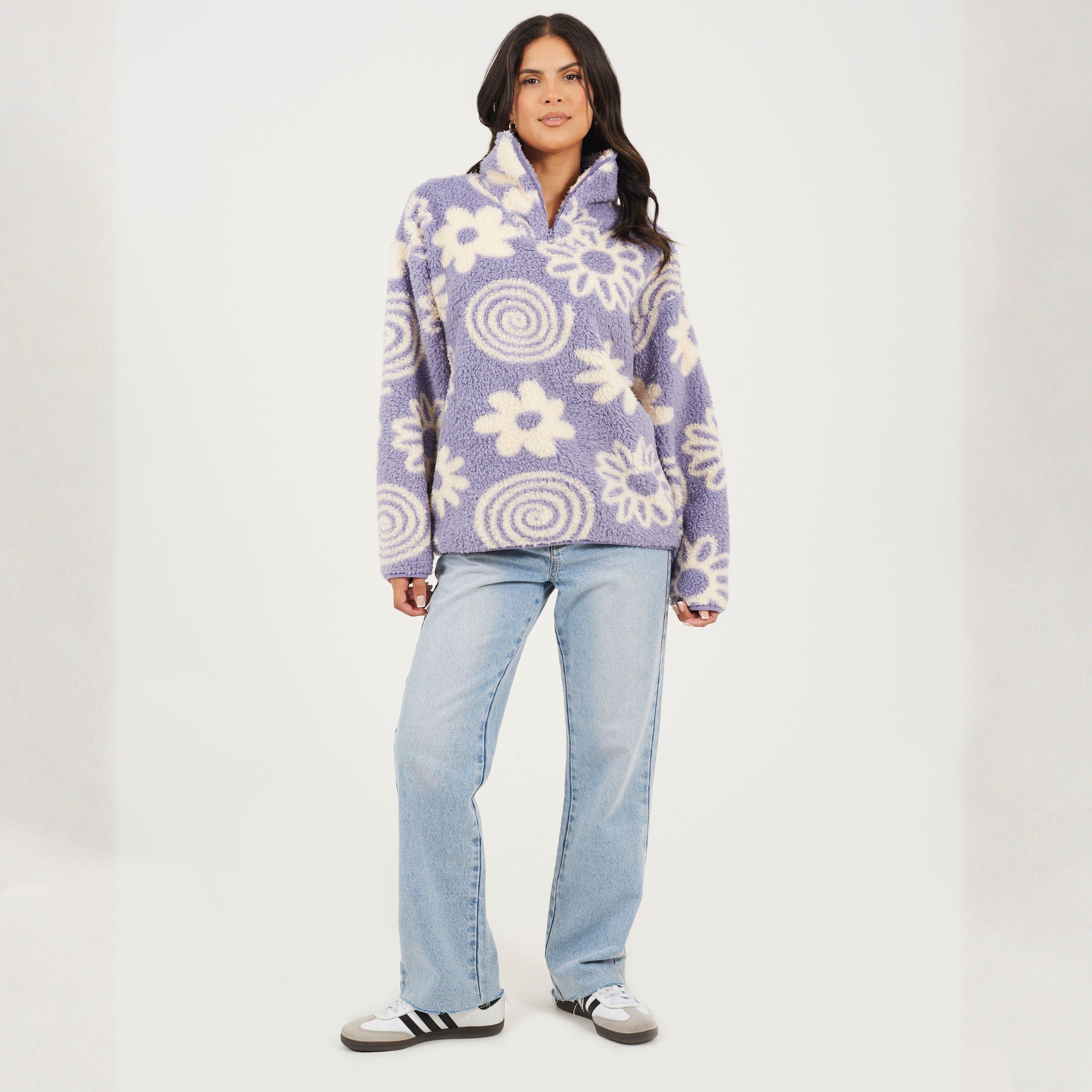 Lilac/Cream - Brave Soul - Womens Flower Print High Neck Fleece Sweatshirt - 4