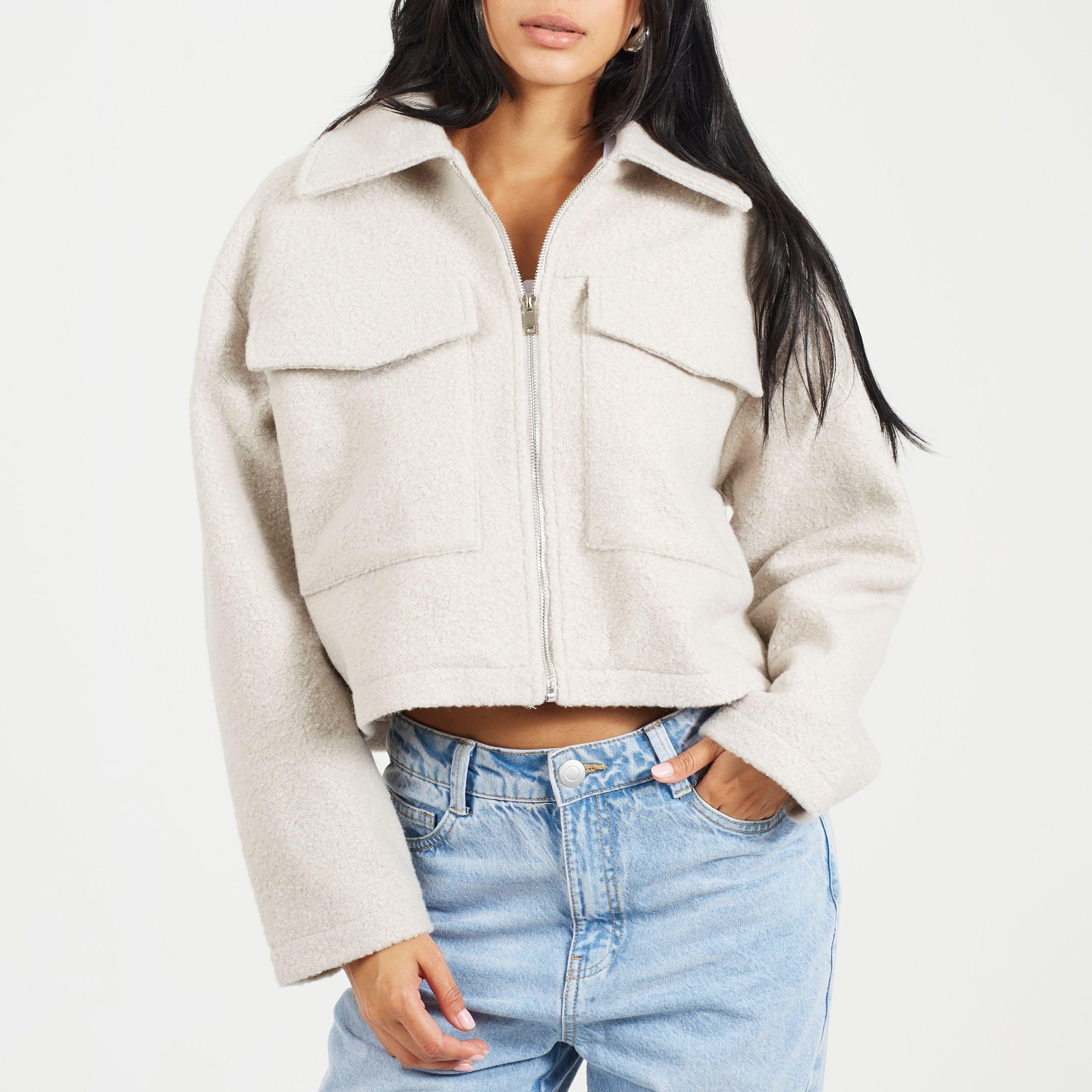 Light Grey - Brave Soul - Women's Boucle Short Overcoat - 1