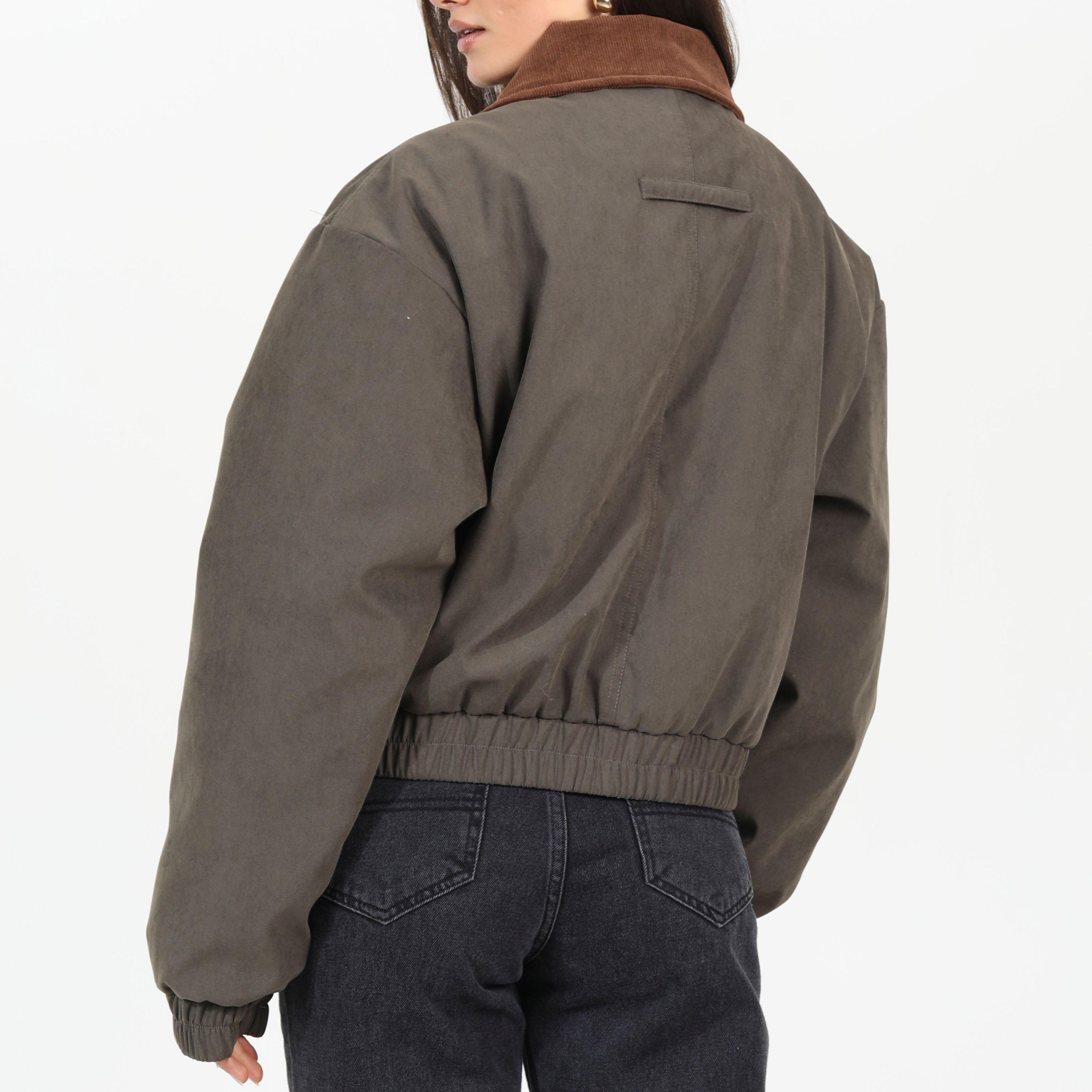 Kaki - Brave Soul - BS Twill Moss Bonded Corduroy Collar Full Zip Bomber Jacket - 2