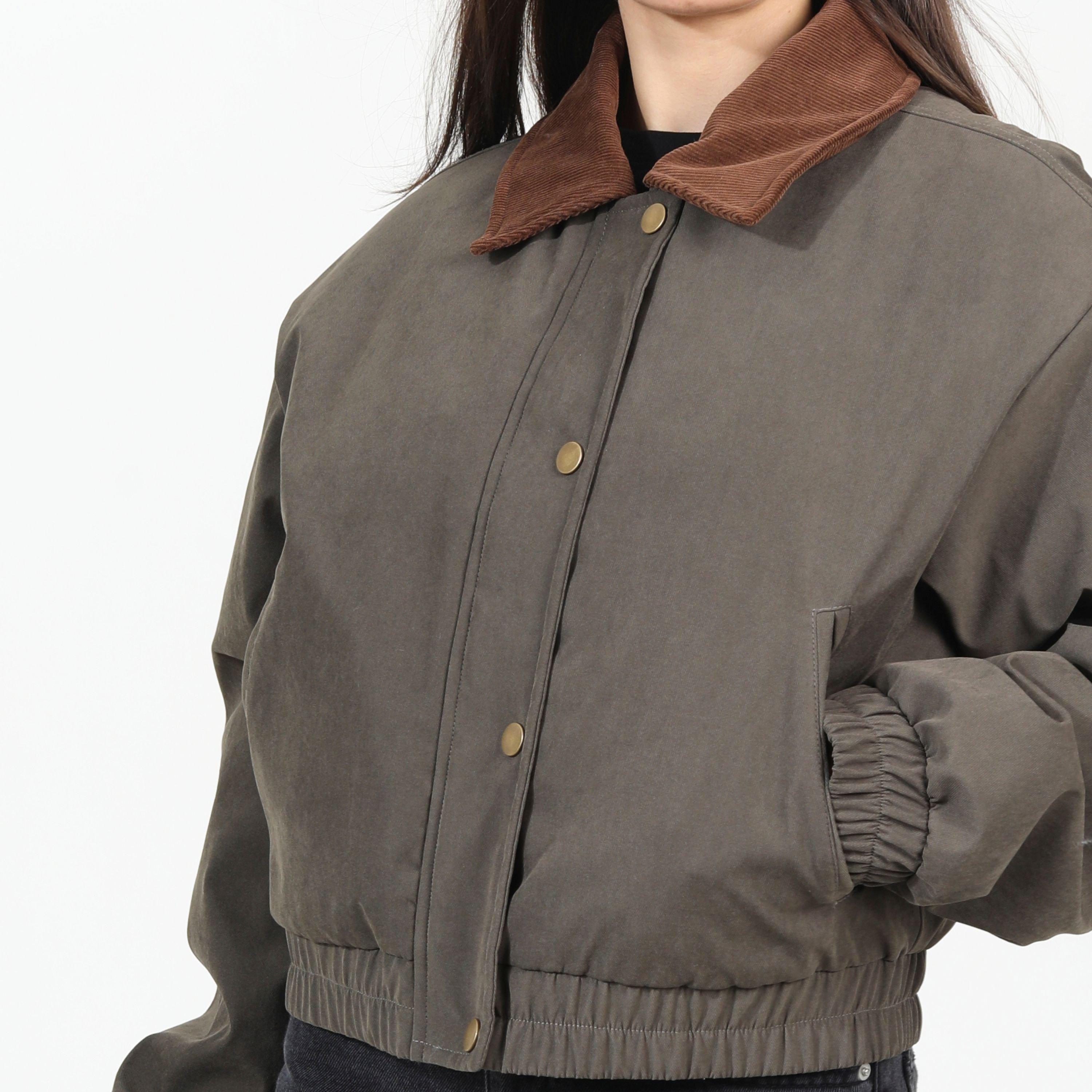 Kaki - Brave Soul - BS Twill Moss Bonded Corduroy Collar Full Zip Bomber Jacket - 3