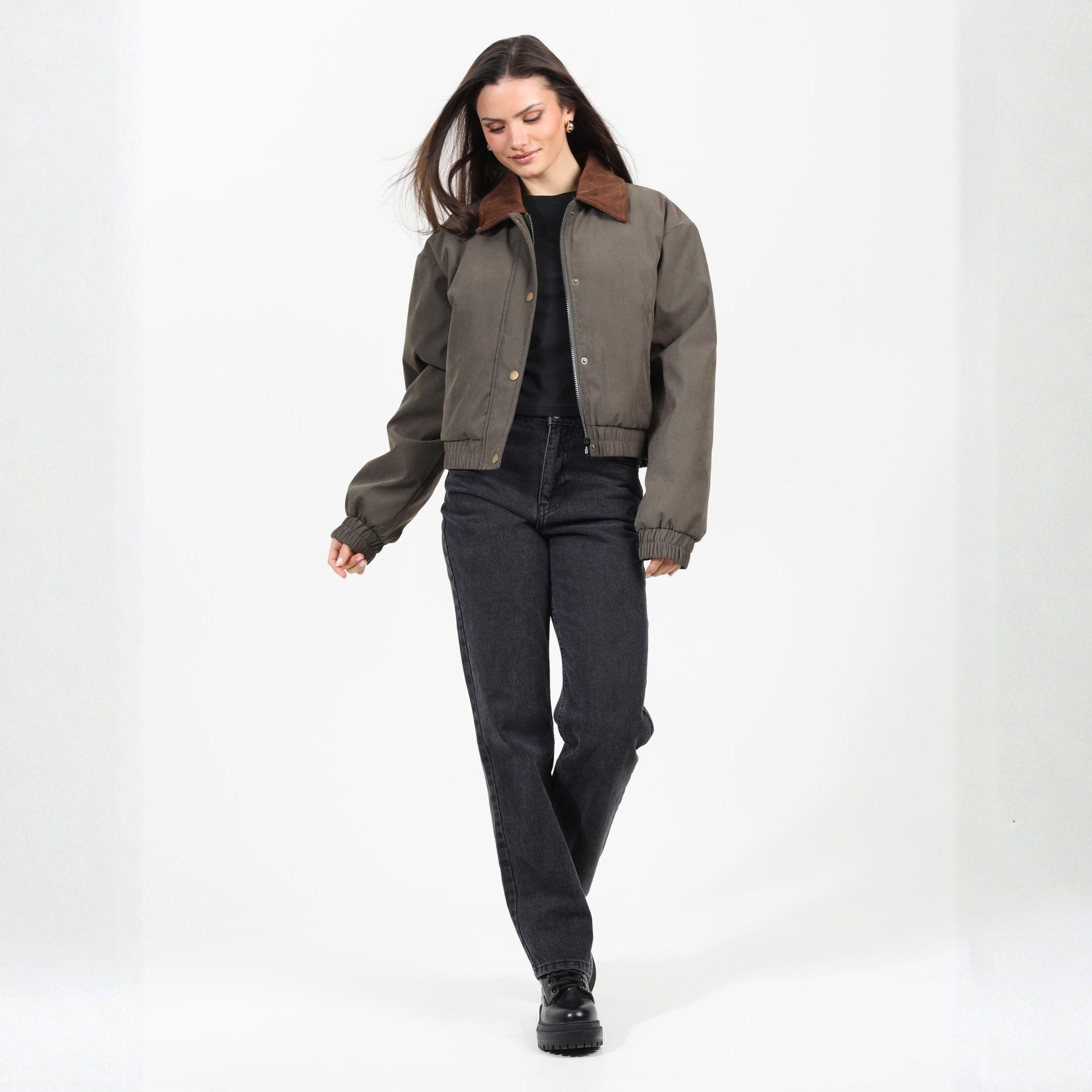 Kaki - Brave Soul - BS Twill Moss Bonded Corduroy Collar Full Zip Bomber Jacket - 4