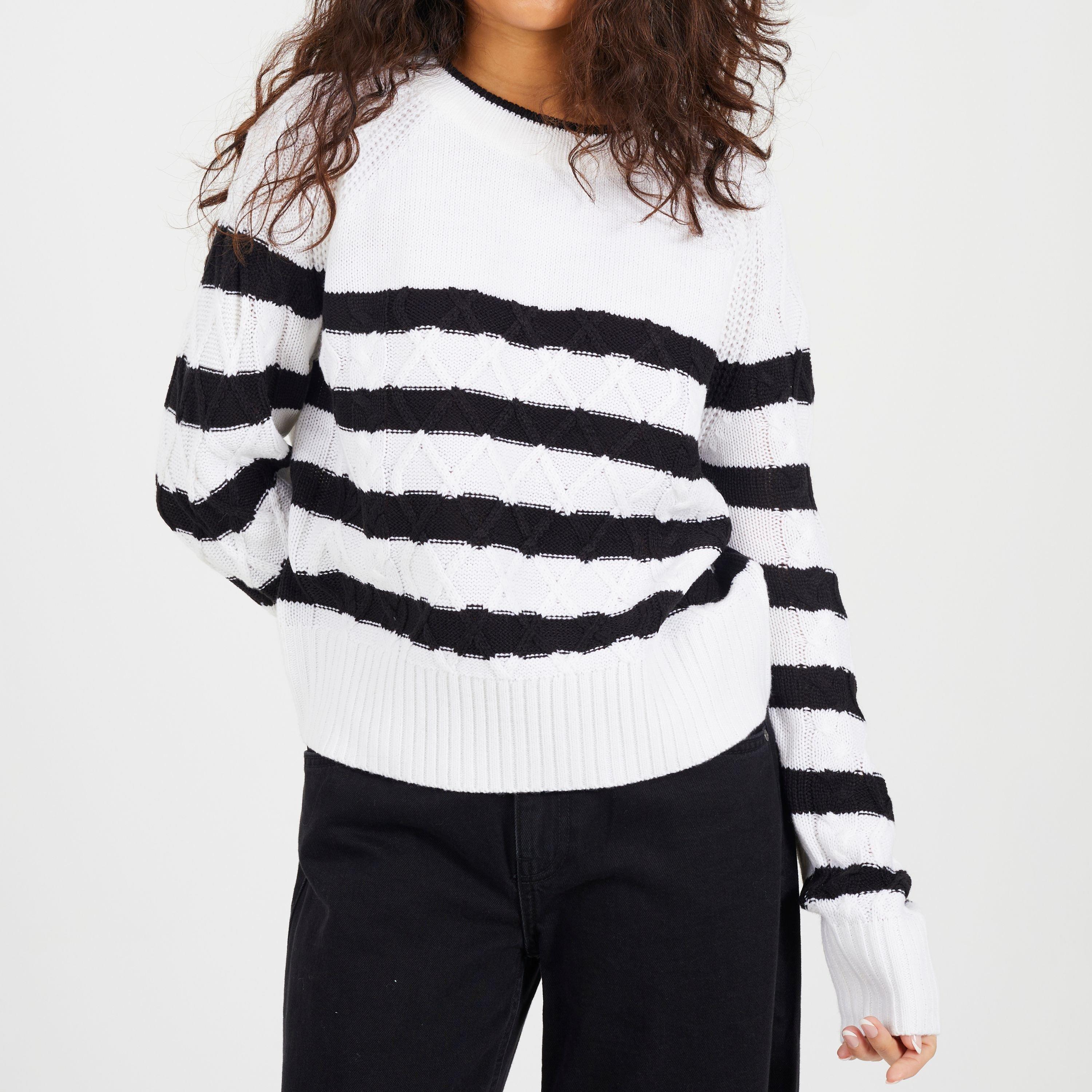 Ivory/Black - Brave Soul - Cable Knit Crew Neck Jumper with Stripes - 1