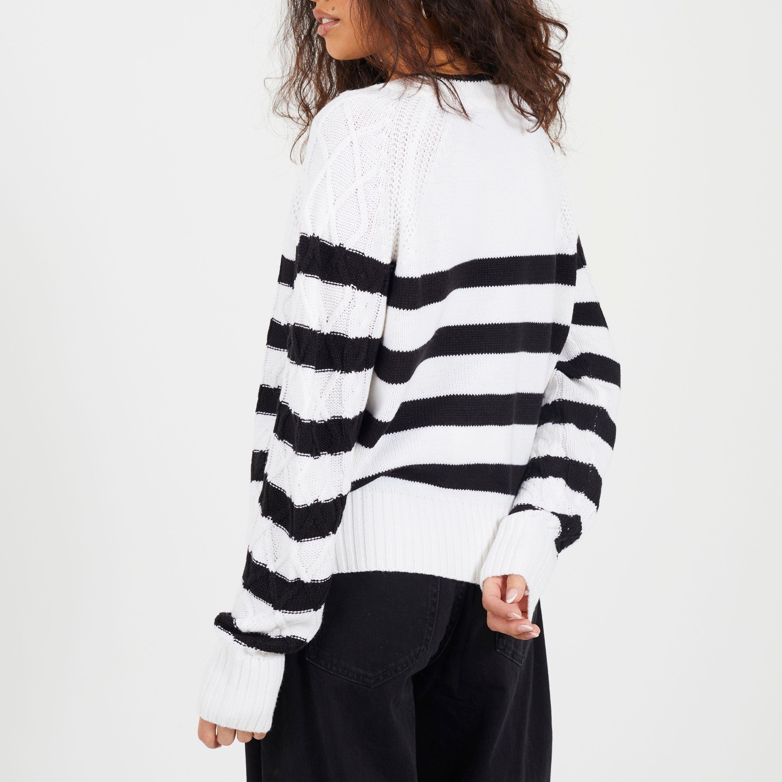 Ivory/Black - Brave Soul - Cable Knit Crew Neck Jumper with Stripes - 2