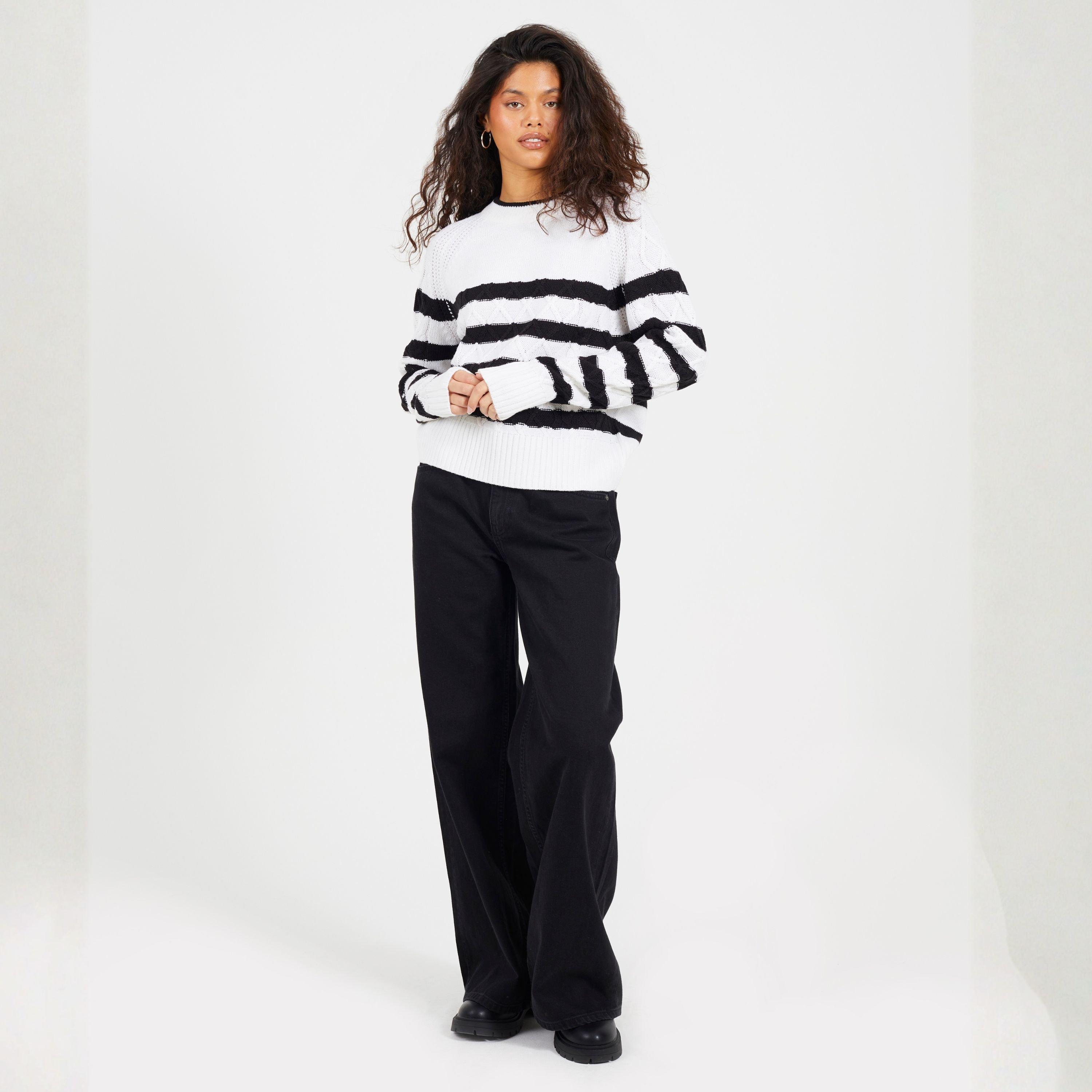 Ivory/Black - Brave Soul - Cable Knit Crew Neck Jumper with Stripes - 4