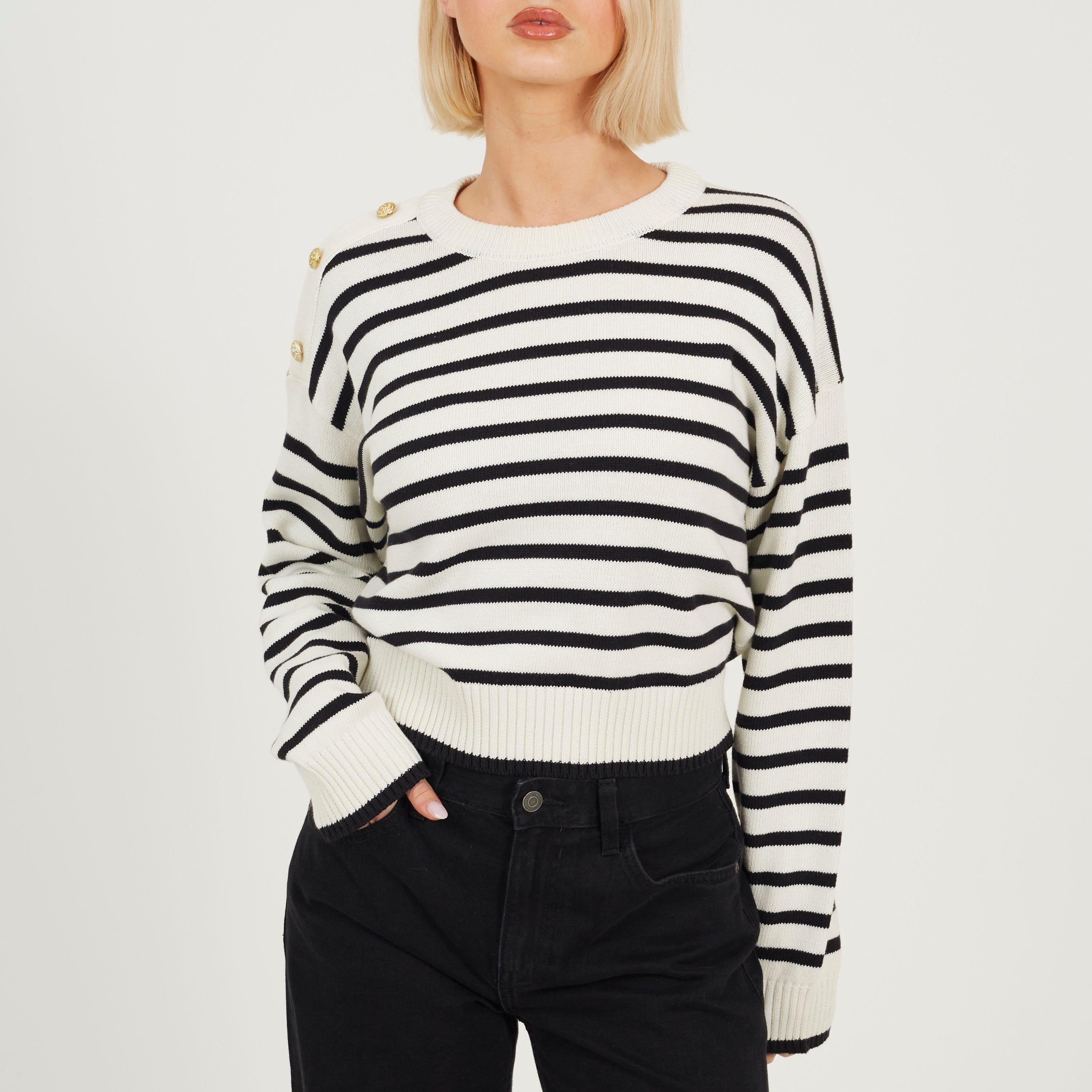 Brave Soul Women's Boxy Crew Neck Striped Jumper With Shoulder Button Detail - Ivory/Black - 8 (XS)
