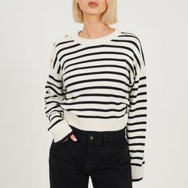 Brave Soul Boxy Crew Neck Striped Jumper with Shoulder Button Detail