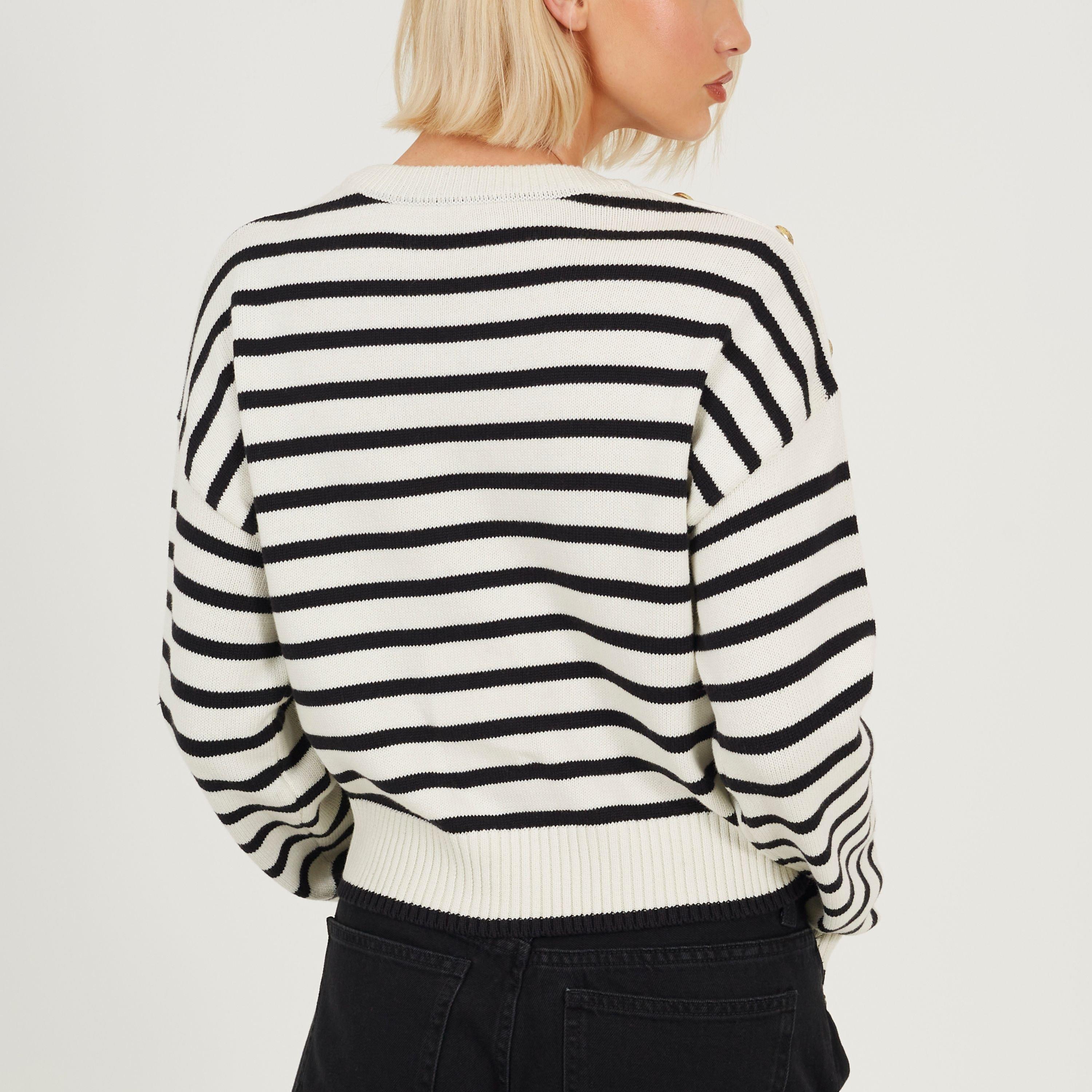 Ivory/Black - Brave Soul - Boxy Crew Neck Striped Jumper with Shoulder Button Detail - 2