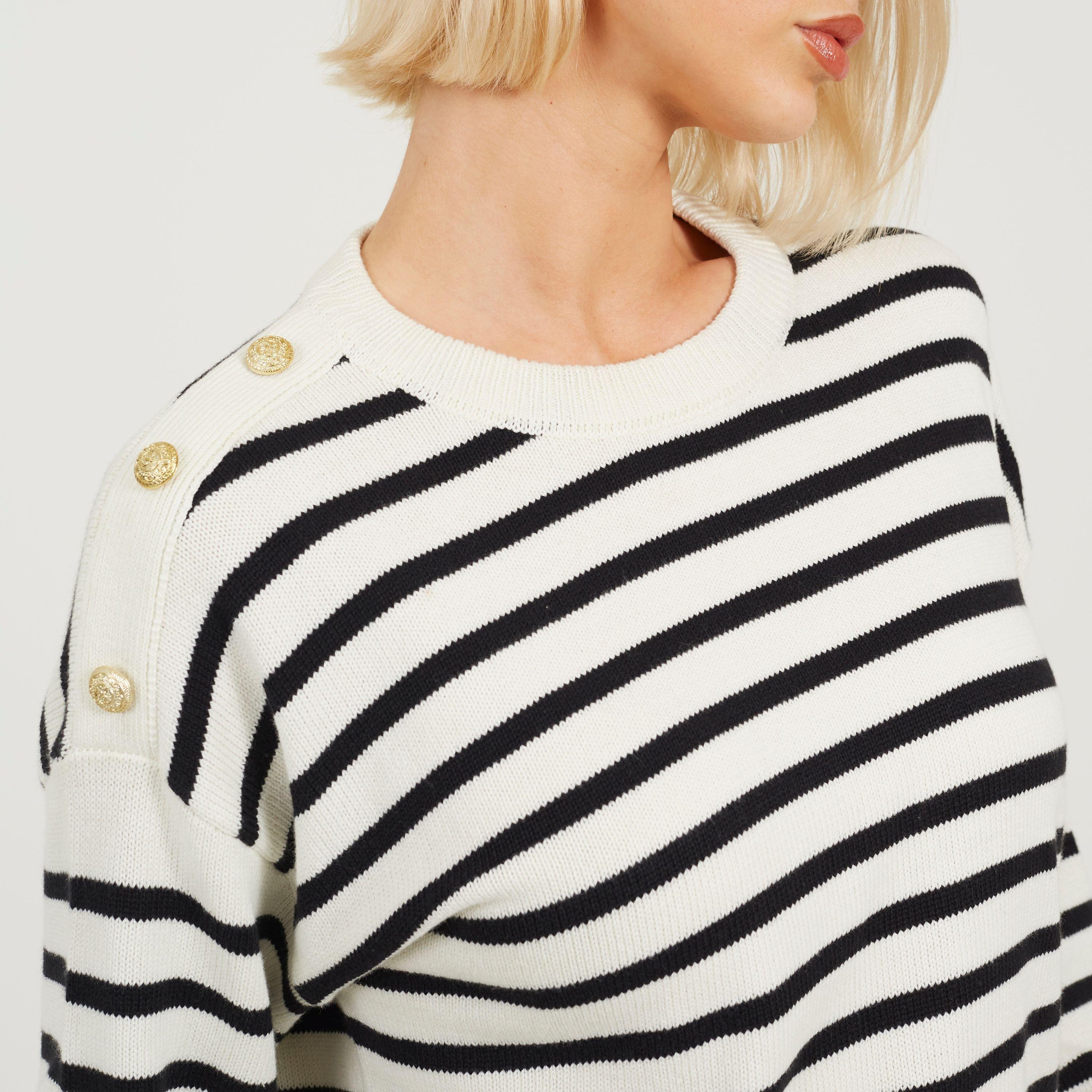 Ivory/Black - Brave Soul - Boxy Crew Neck Striped Jumper with Shoulder Button Detail - 3